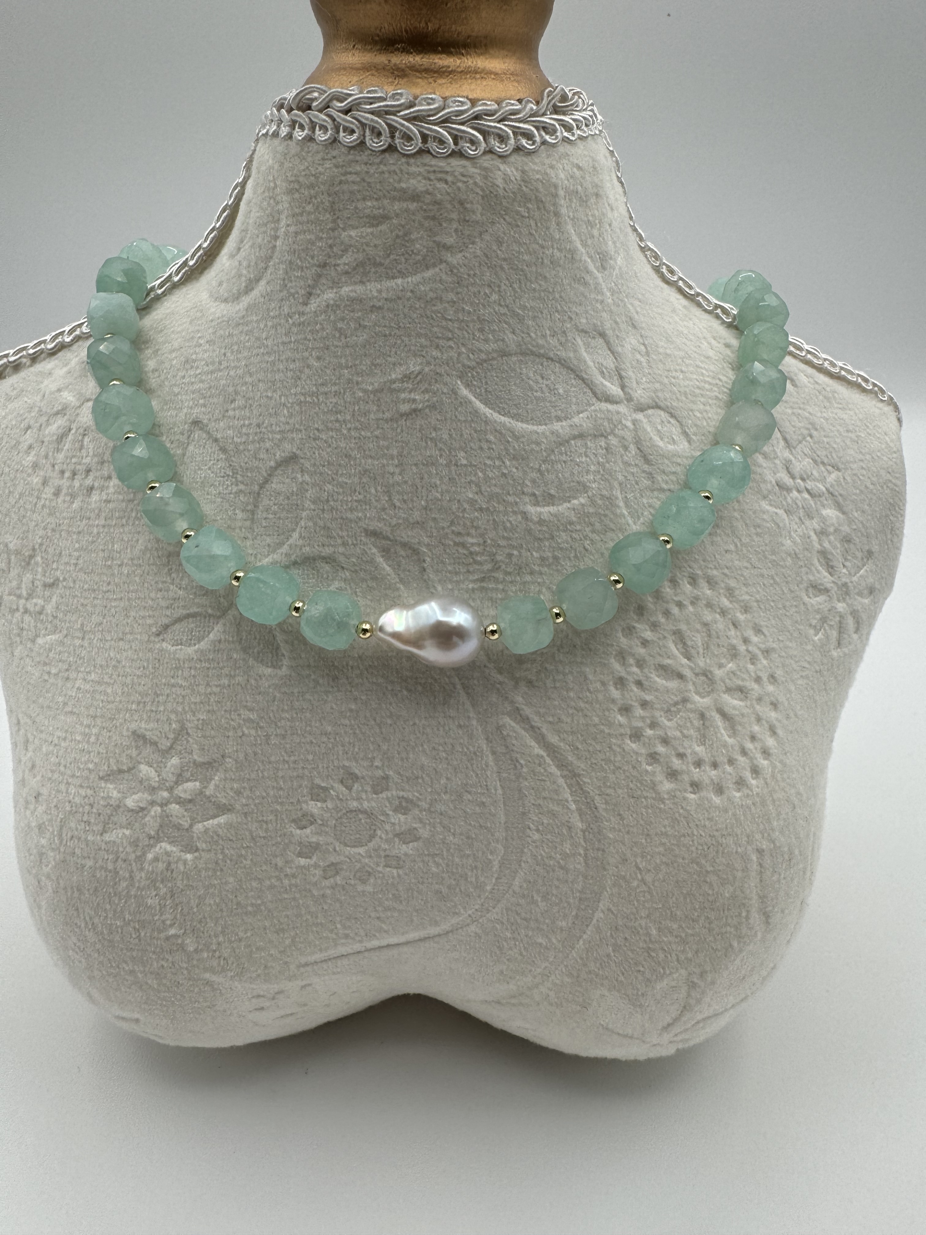 Blue angelite Beaded Necklace With baroque pearl