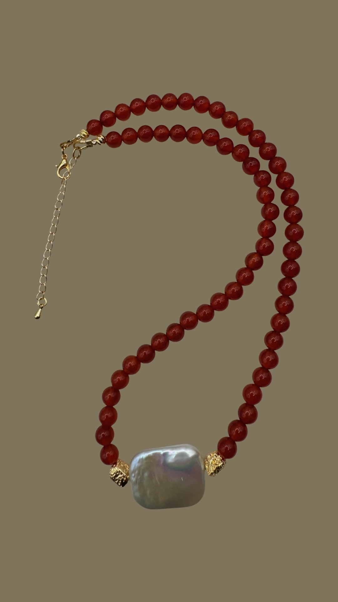 Red Agate Beaded Pearl Necklace