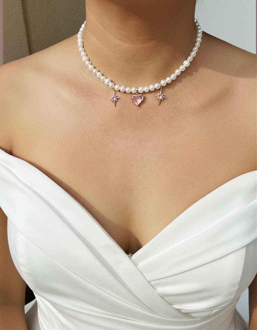 Pearl Necklace with Pink Heart Charm