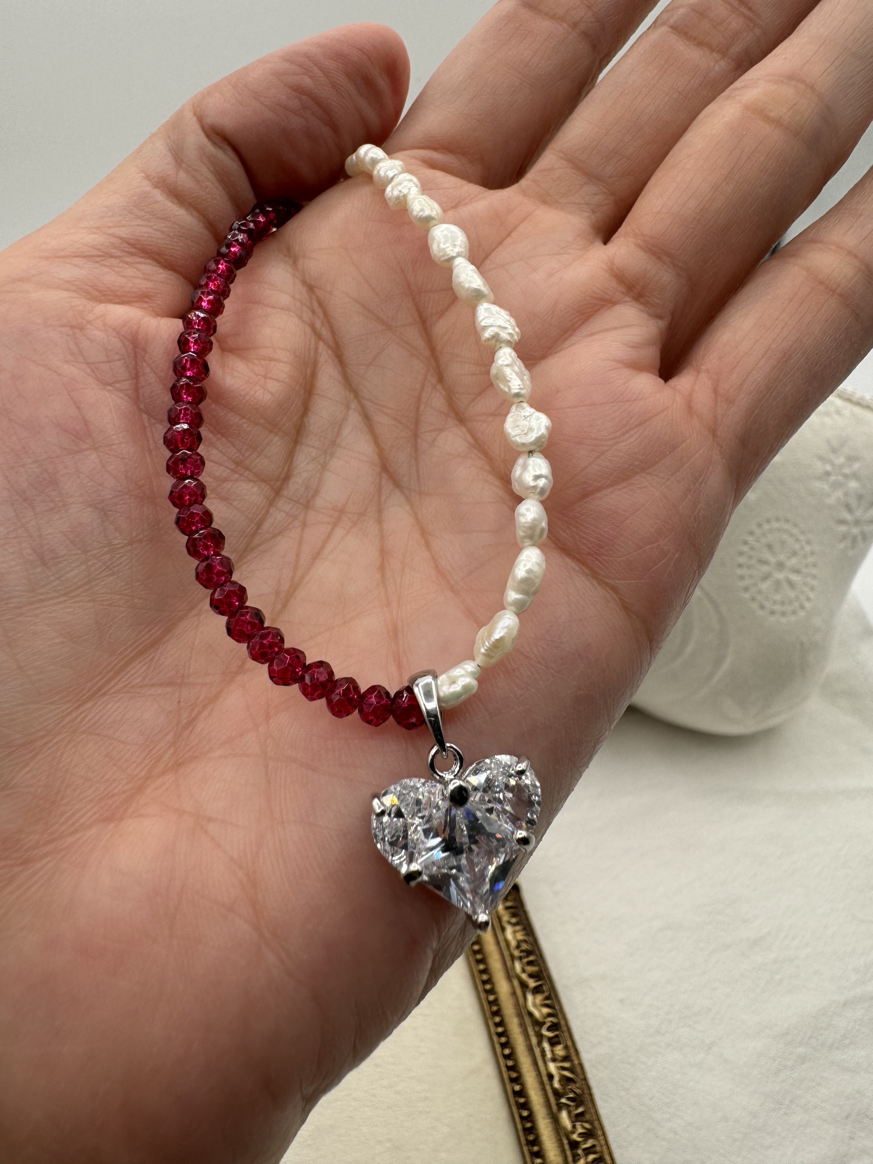 Half Pearl and Red Bead Heart Pendant Necklace