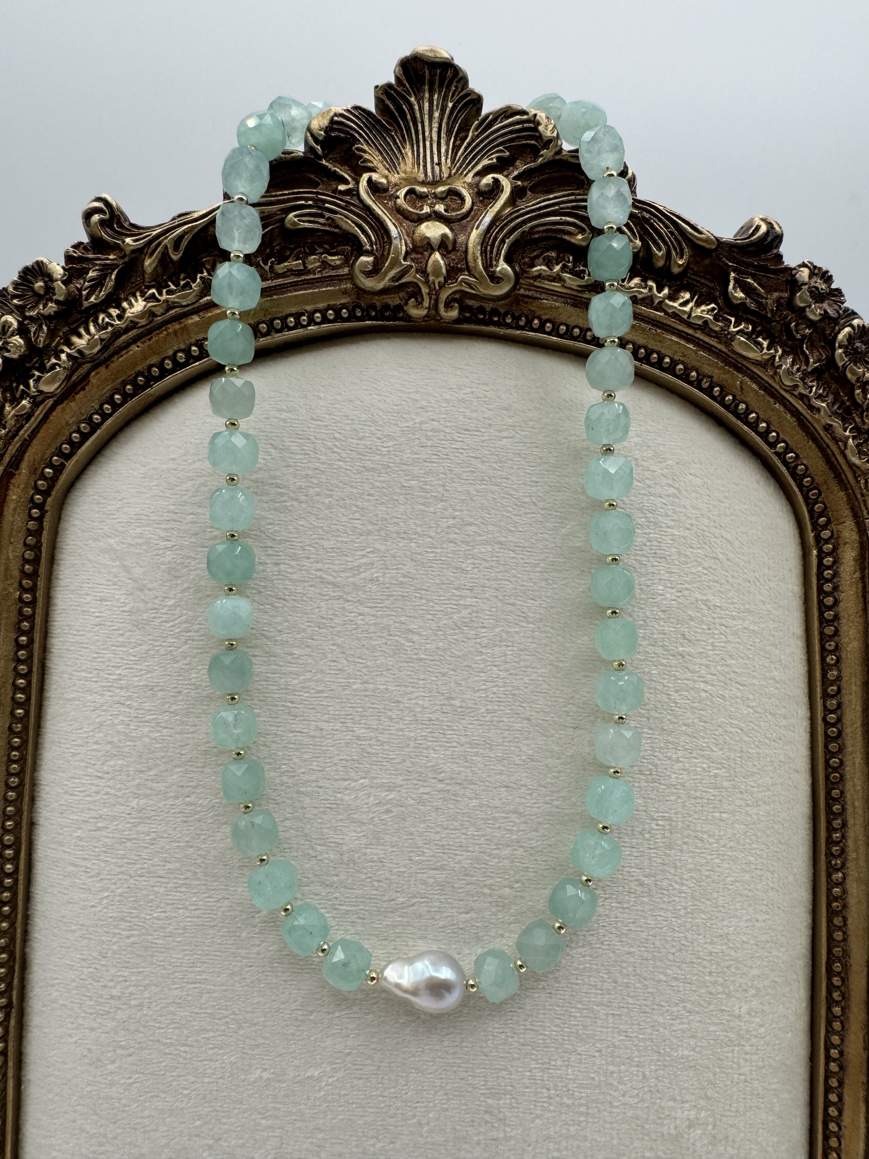 Blue angelite Beaded Necklace With baroque pearl