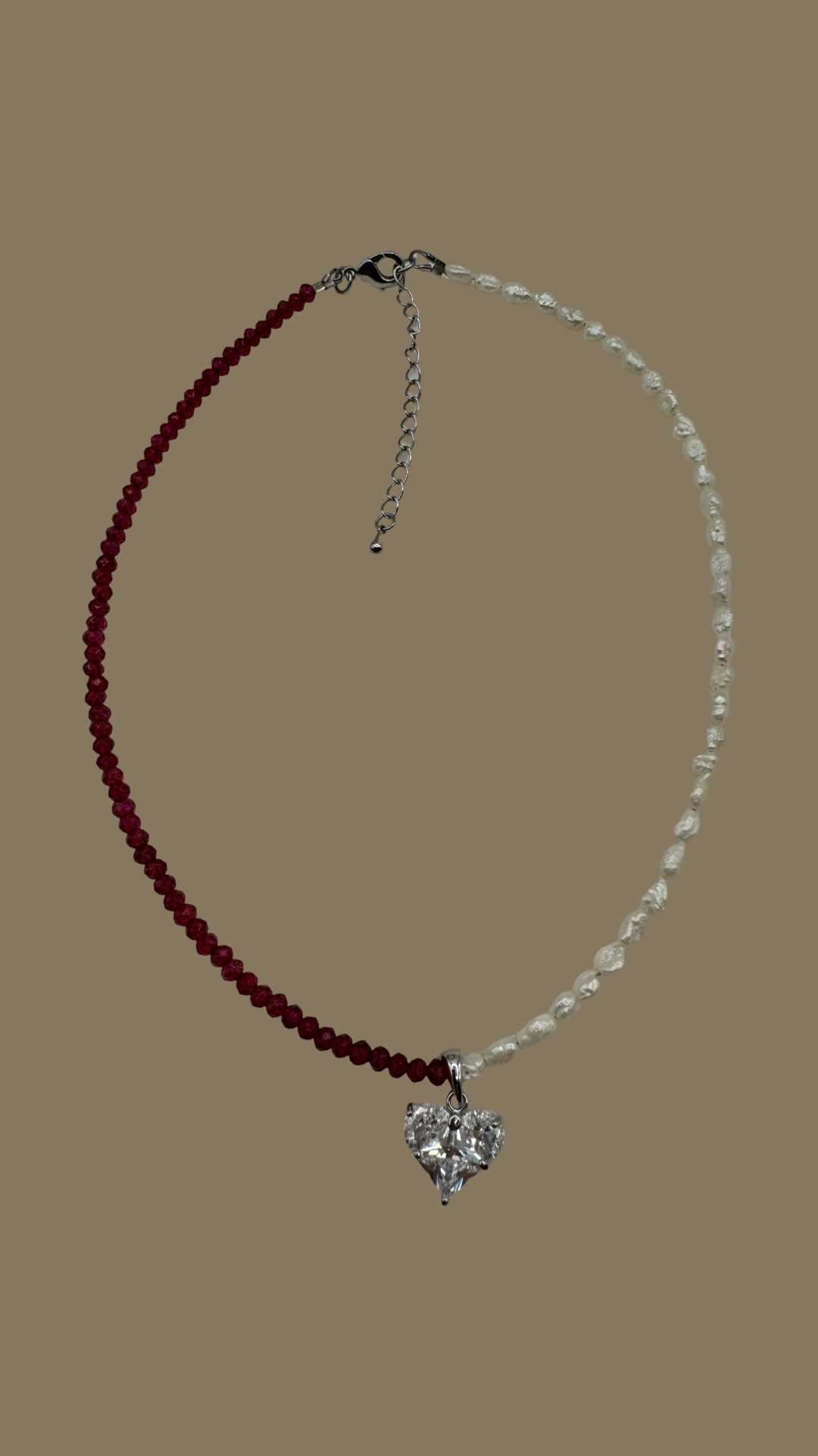 Half Pearl and Red Bead Heart Pendant Necklace