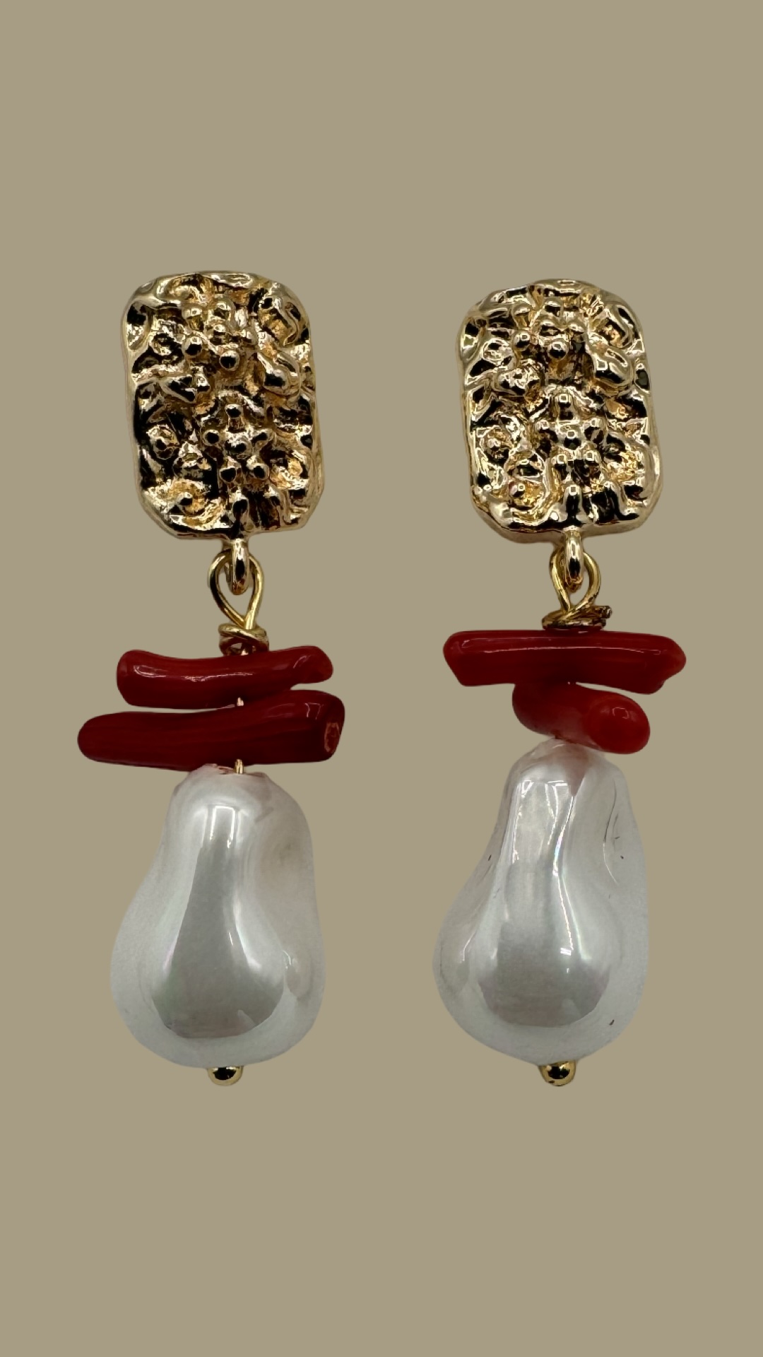 Gold textured earrings with baroque pearls and red coral