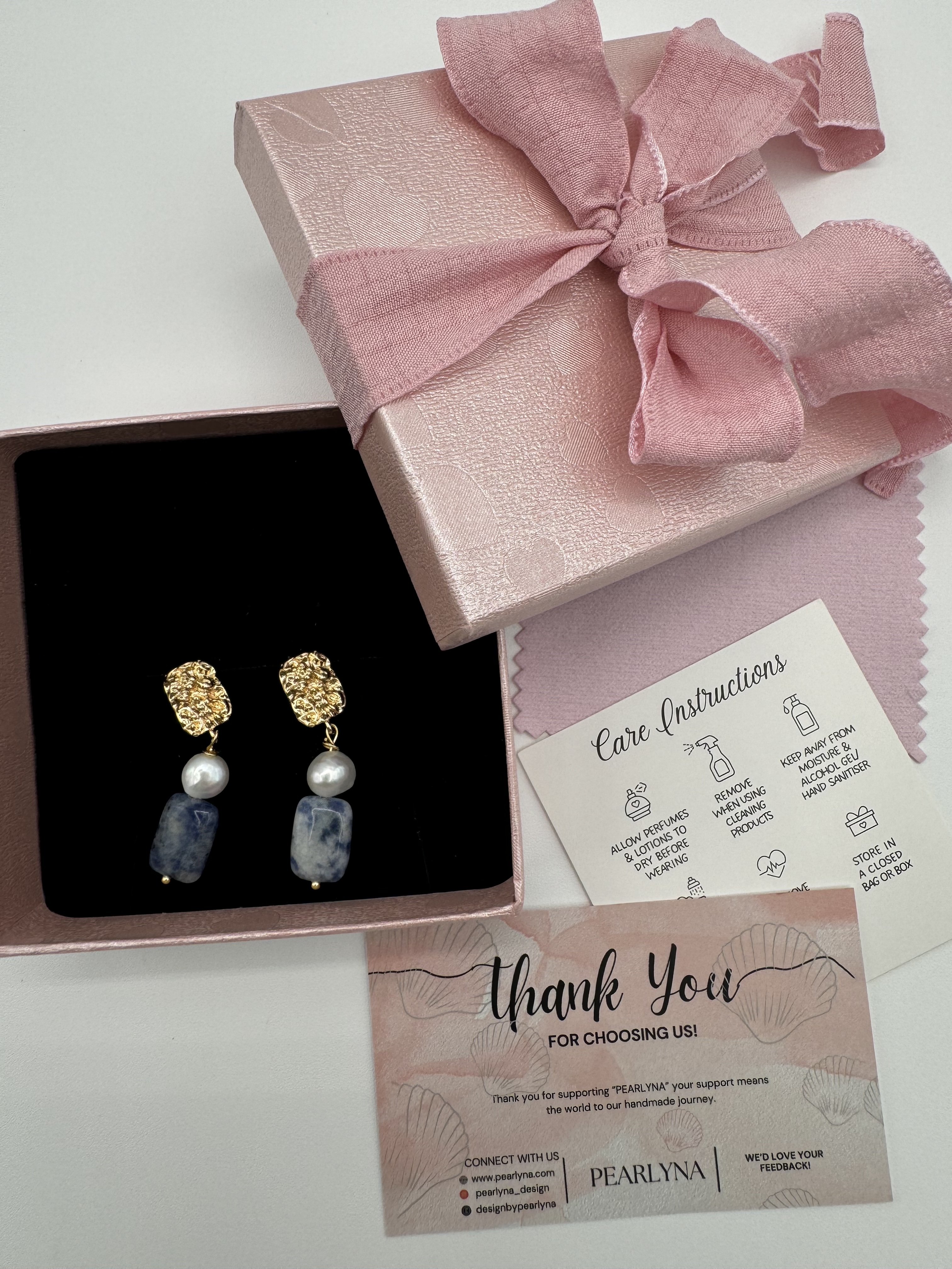 Handcrafted Gold, Pearl, and blue sodalite Earrings