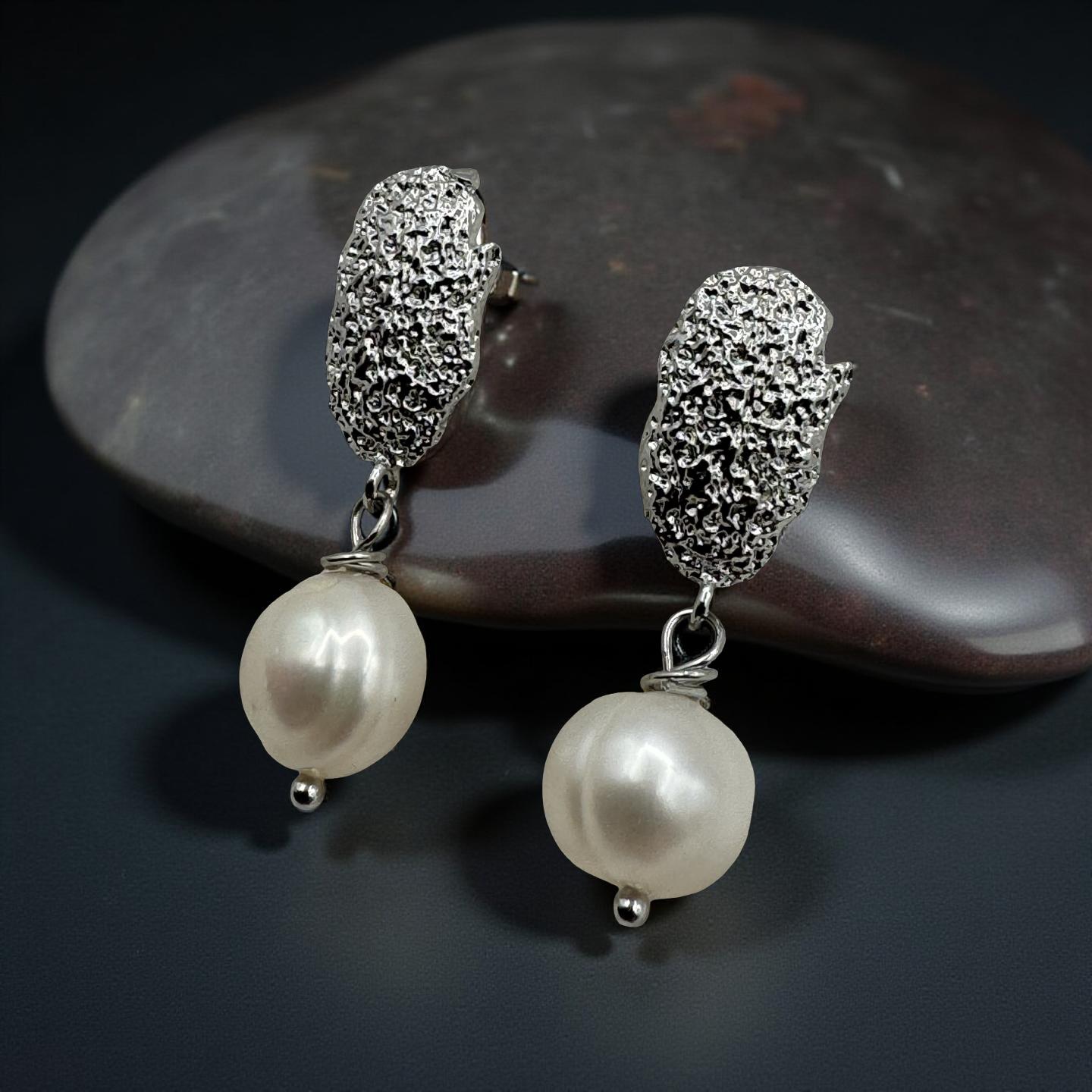 Textured Silver and Pearl Drop Earrings