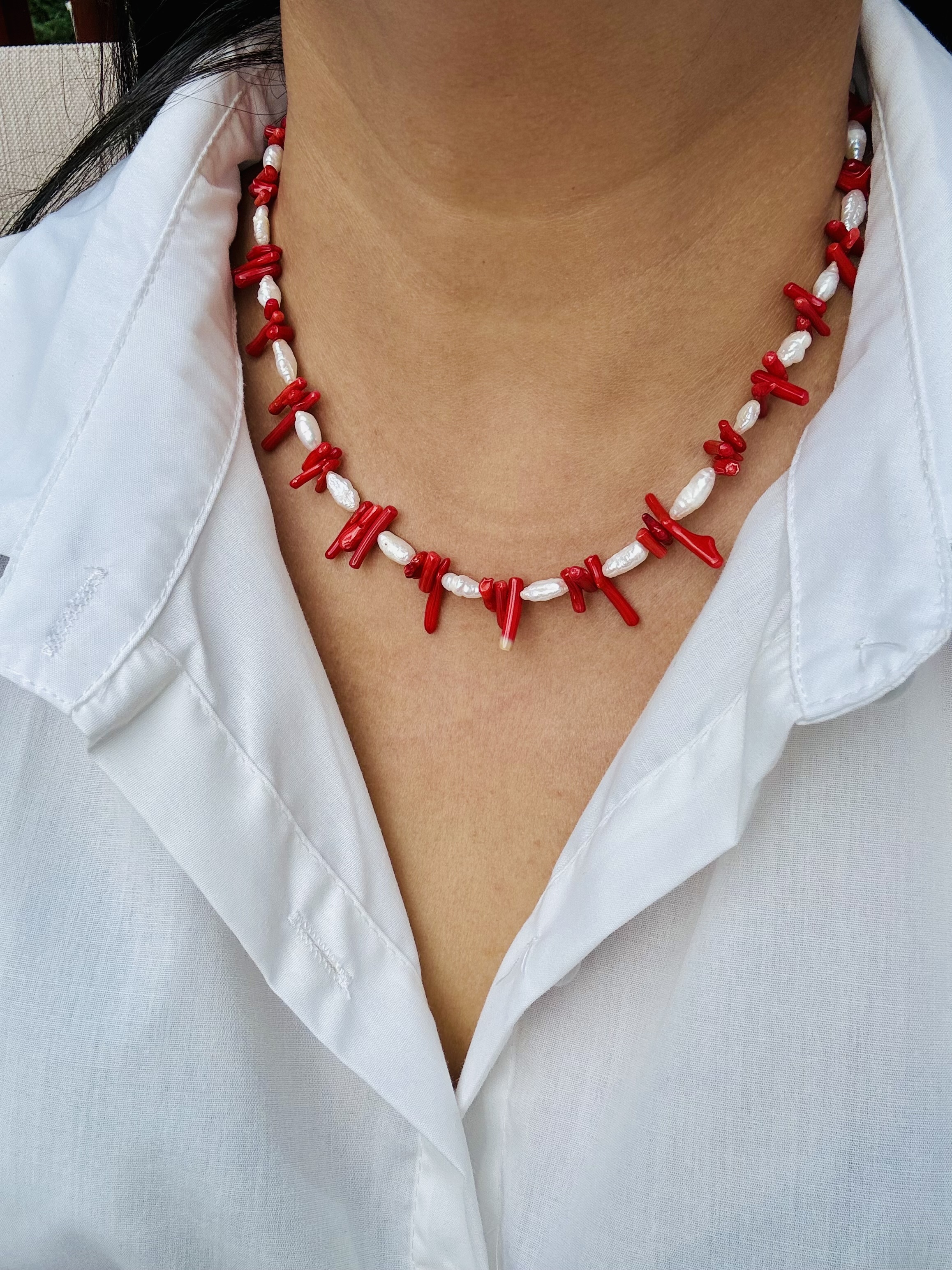 Handmade Red Coral  and freshwater pearl Necklace
