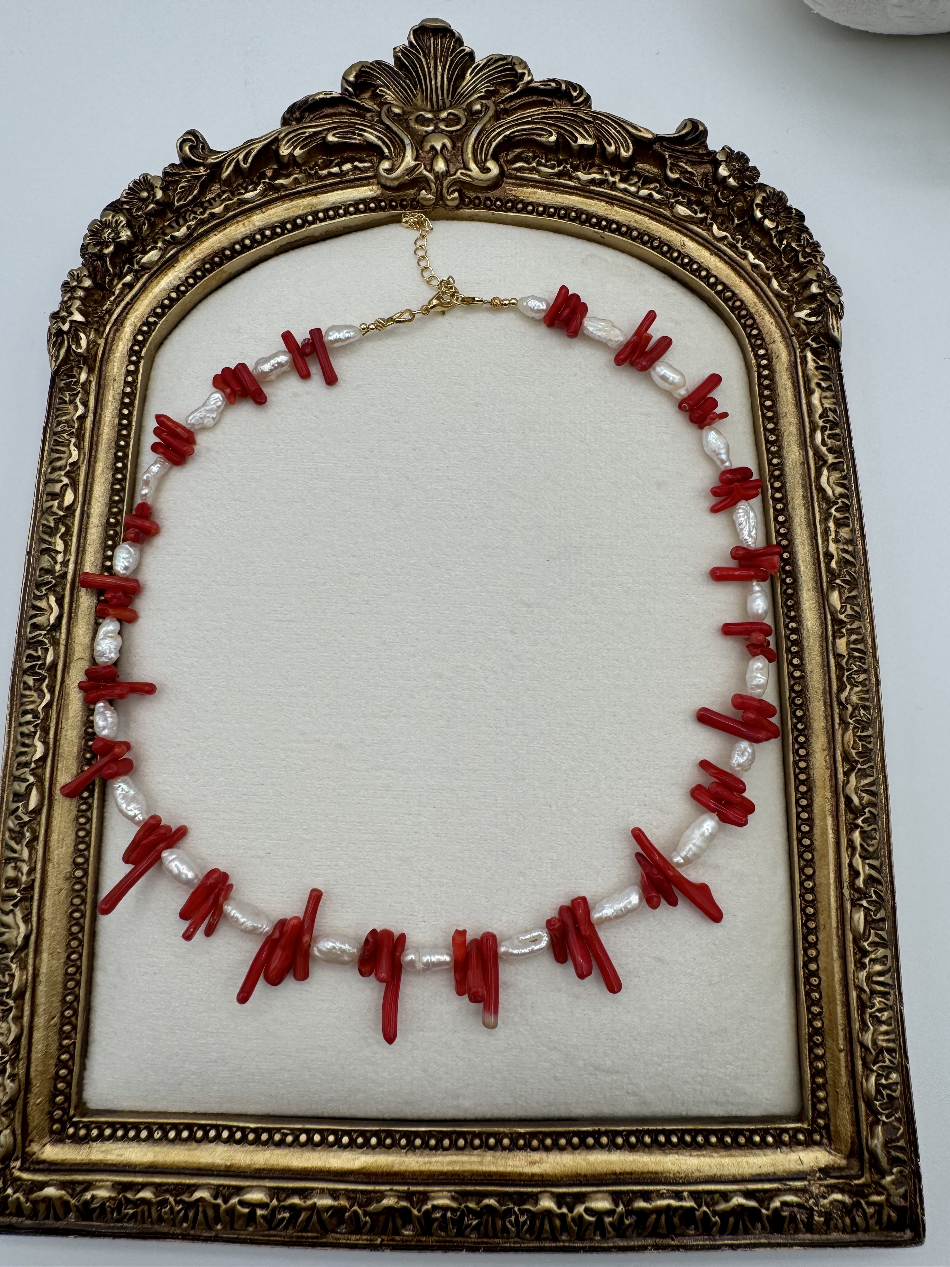 Handmade Red Coral  and freshwater pearl Necklace