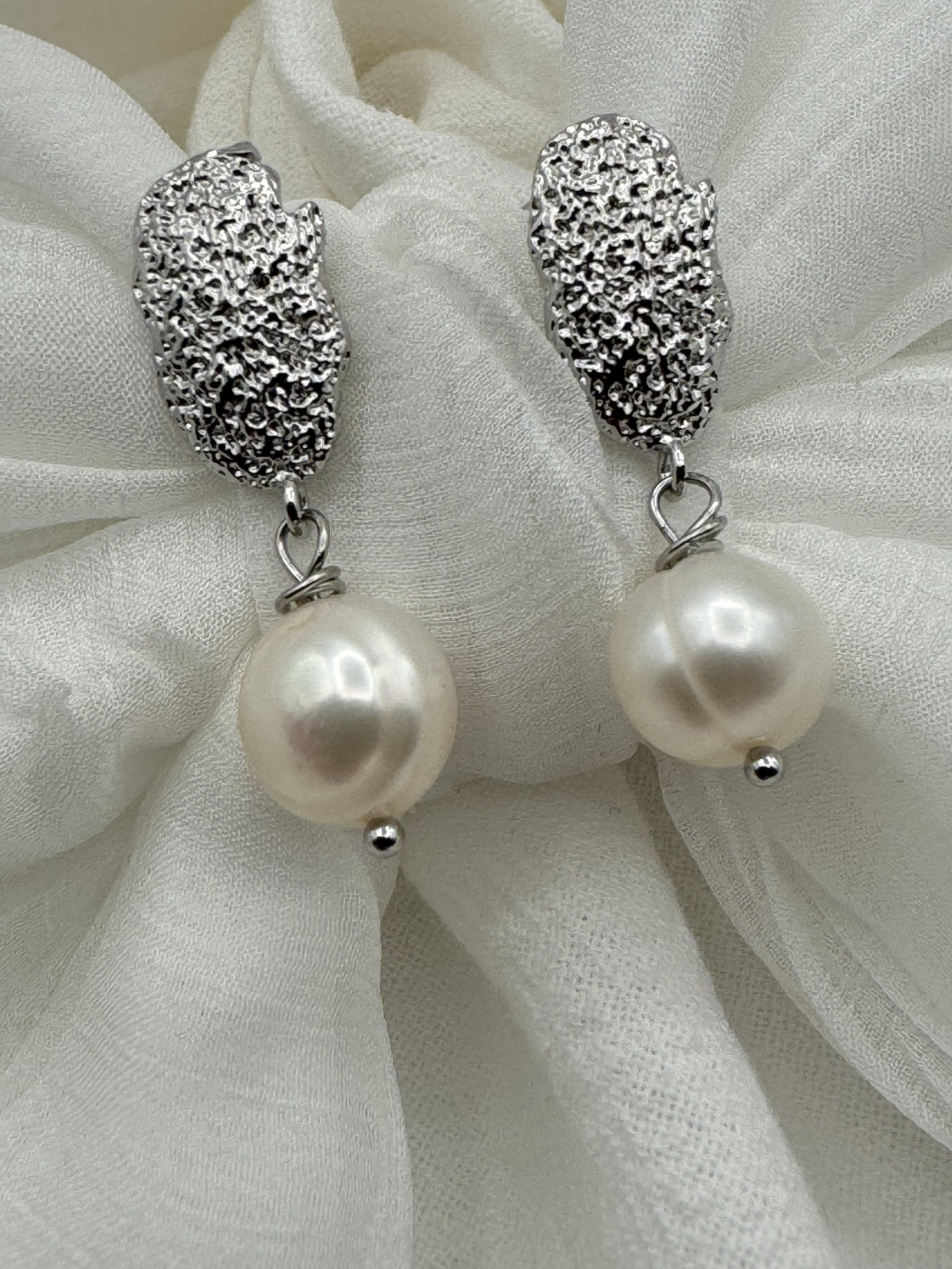 Textured Silver and Pearl Drop Earrings