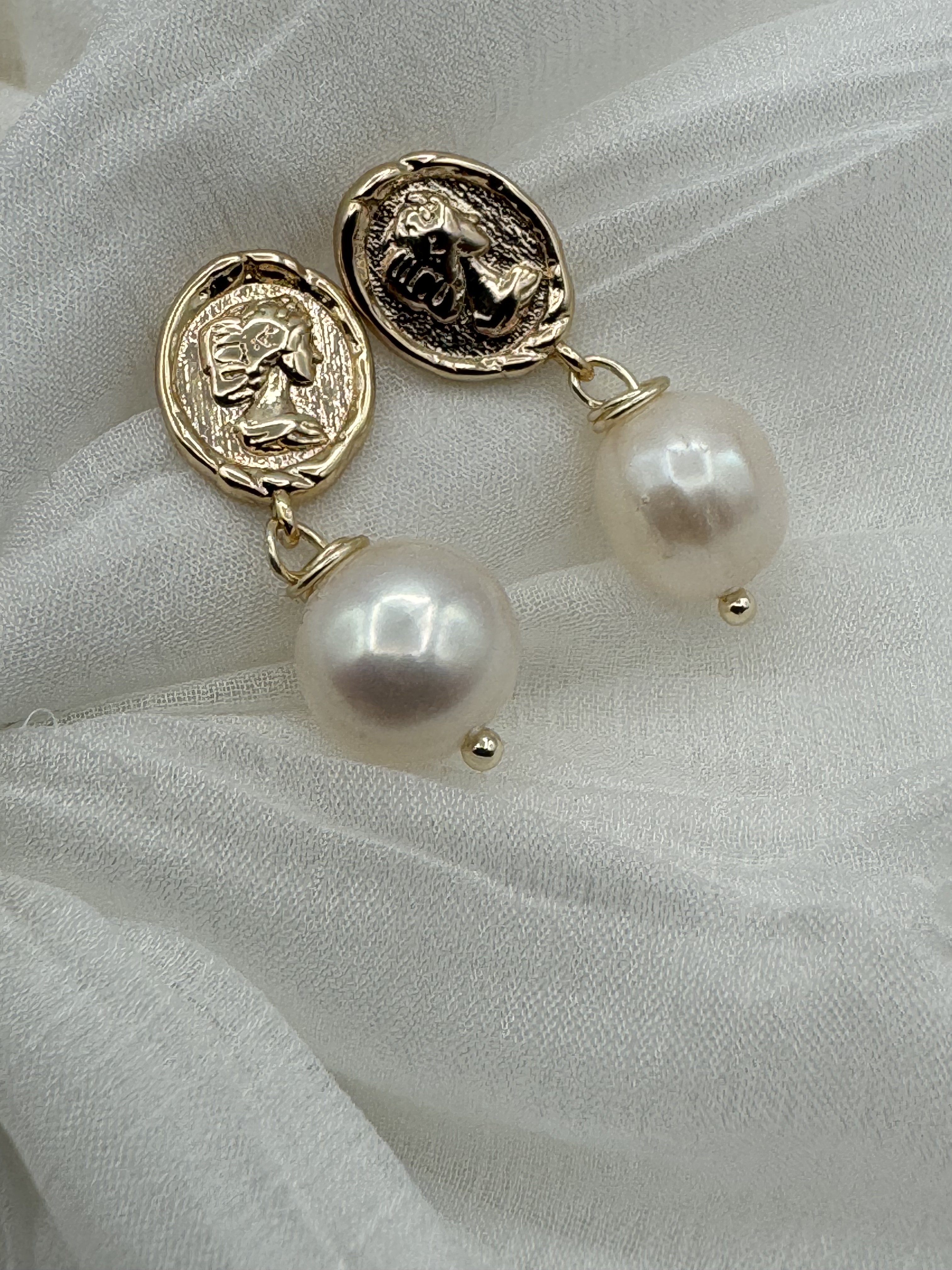 Pearl and Gold Medallion Earrings