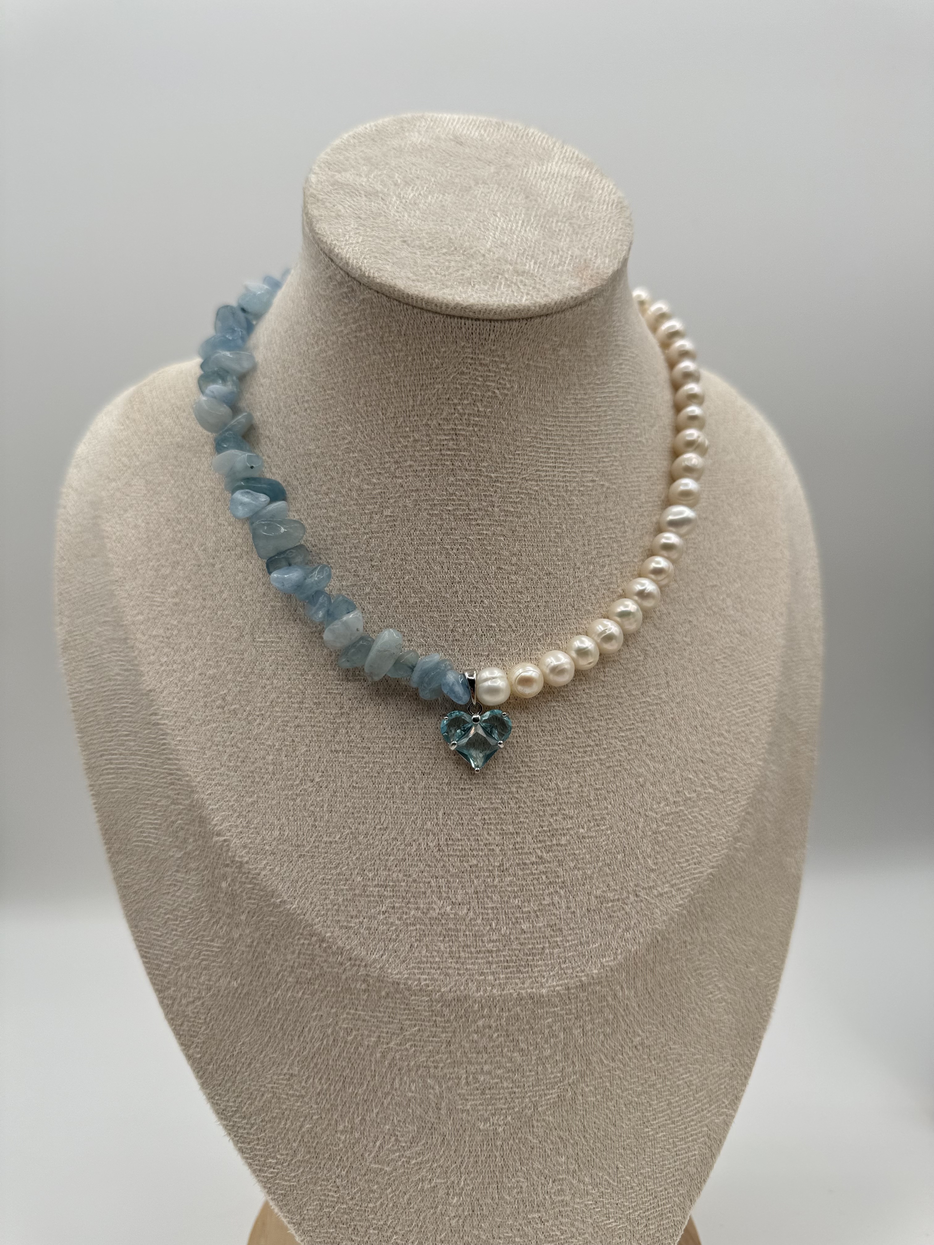 Aquamarine and Freshwater Pearl with Heart Necklace