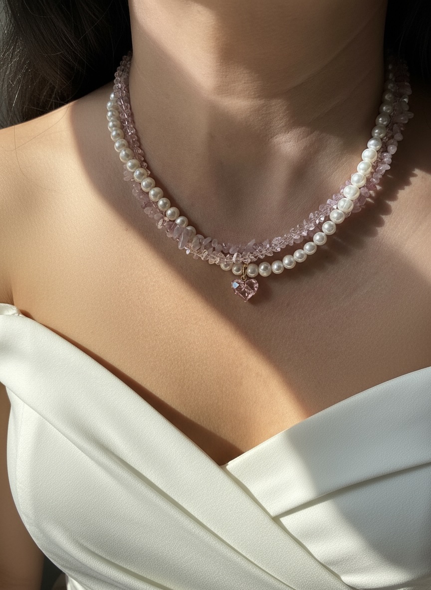 Elegant Pear, Pink Crystal and Pink Quartz Necklace