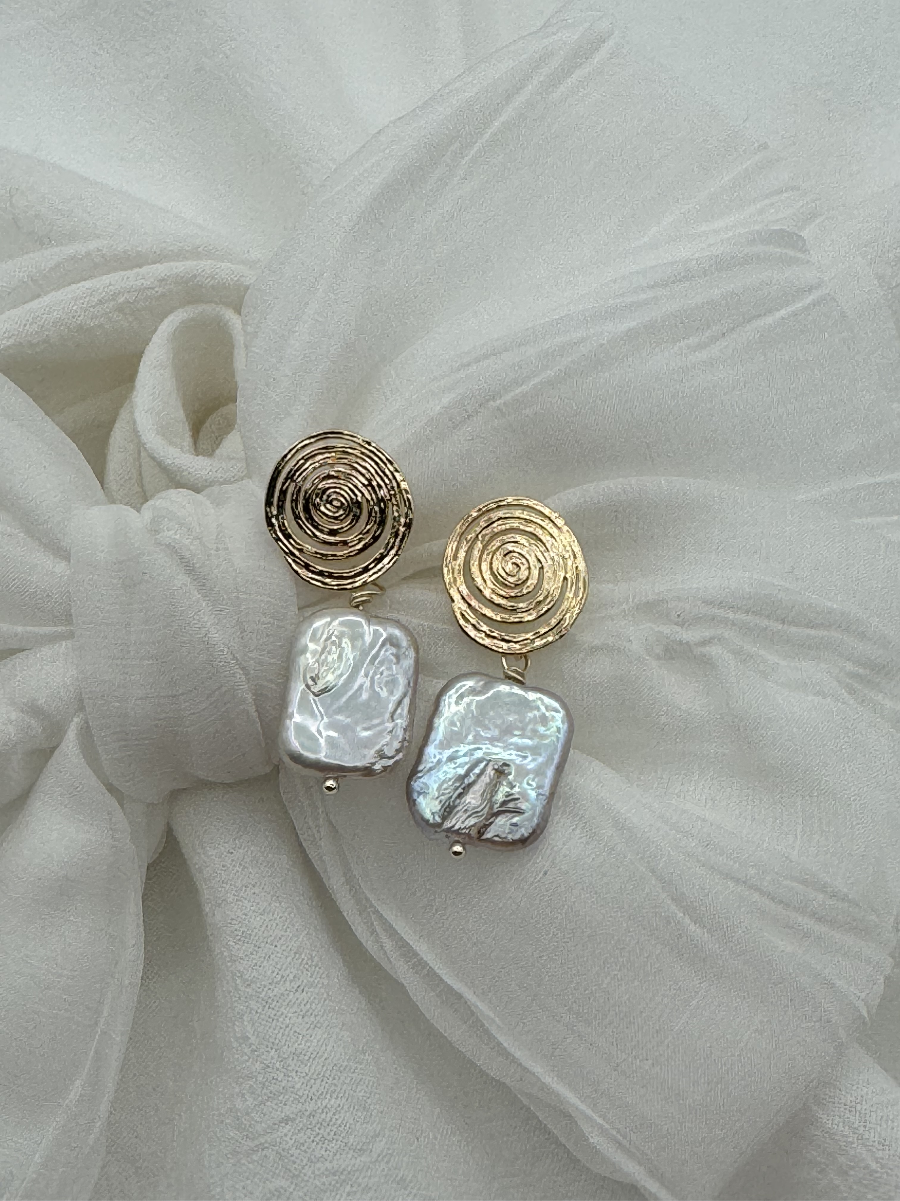 Gold Spiral Baroque Pearl Earrings