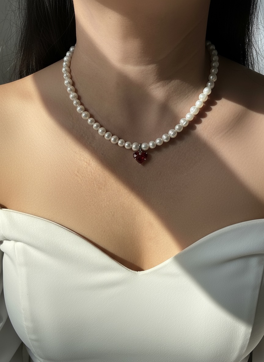 Pearl Necklace with Red Heart Pendant