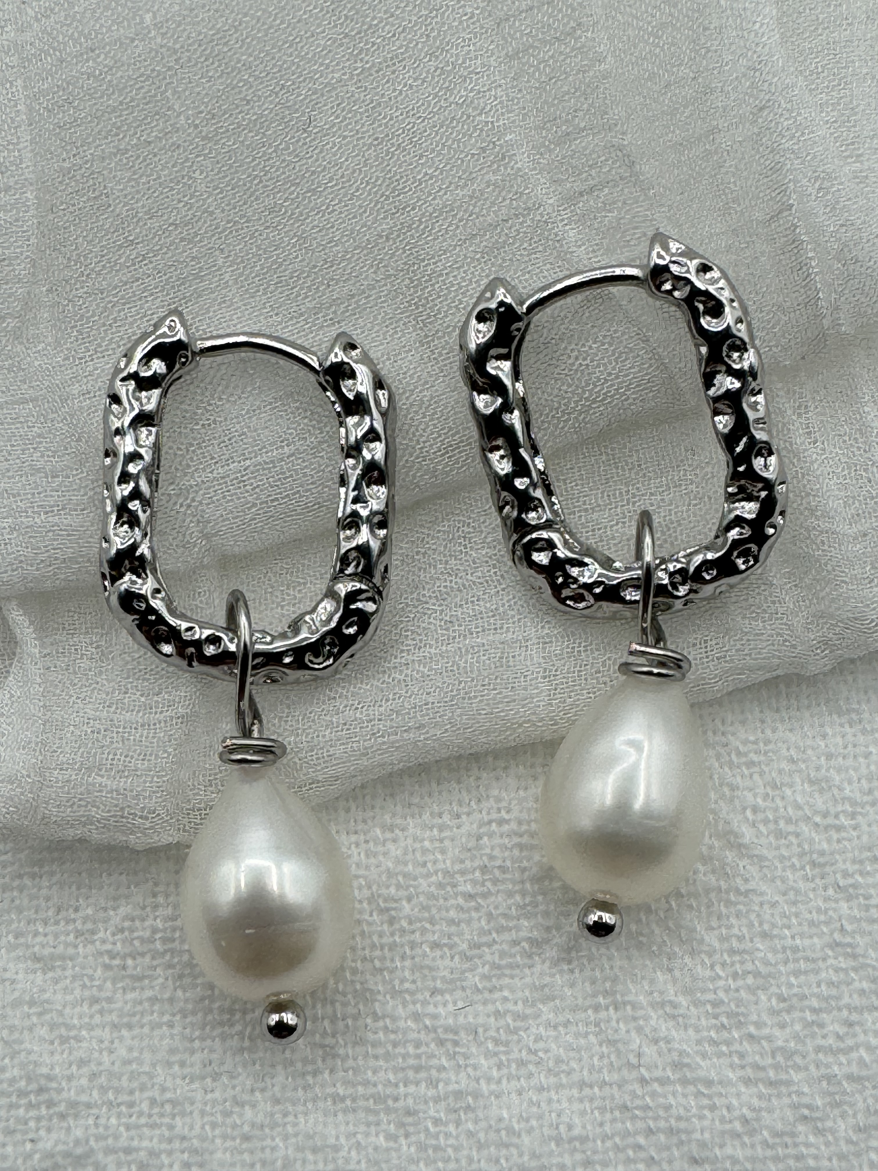 Silver Textured Pearl Drop Earrings