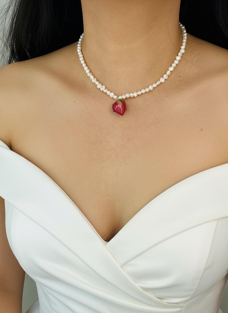 Pearl necklace with rose pendant