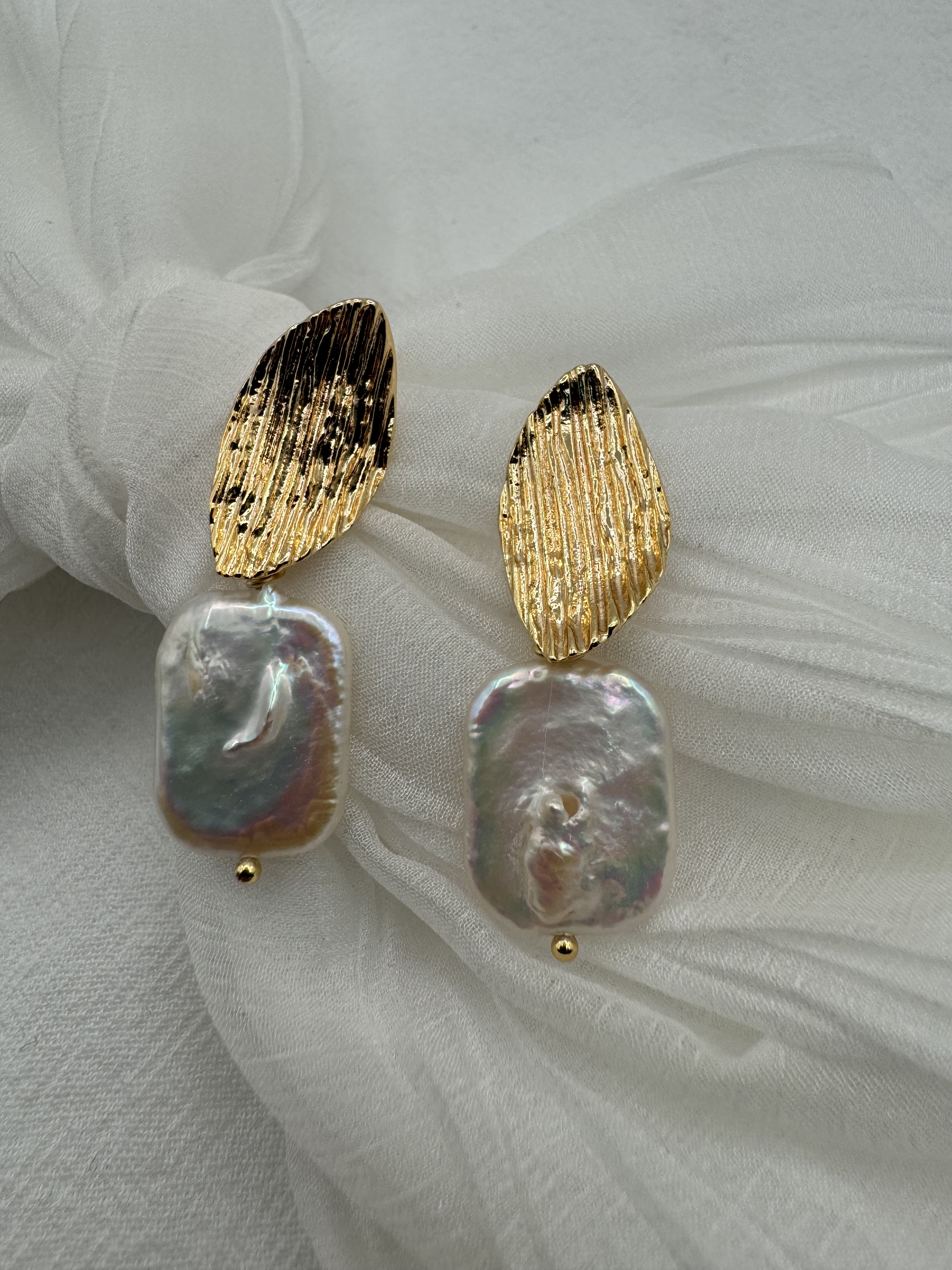 Gold Leaf Pearl Earrings