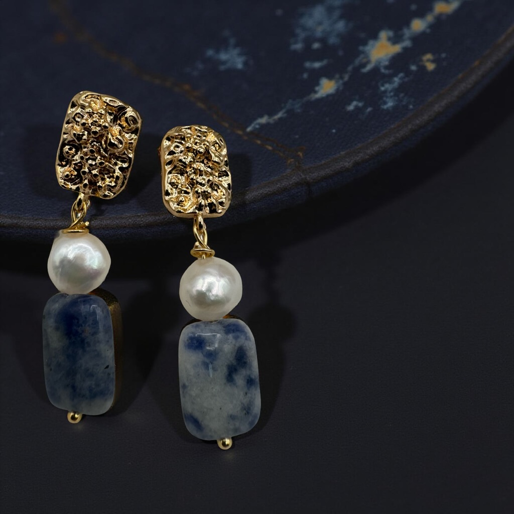 Handcrafted Gold, Pearl, and blue sodalite Earrings