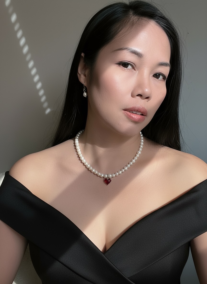 Pearl Necklace with Red Heart Pendant