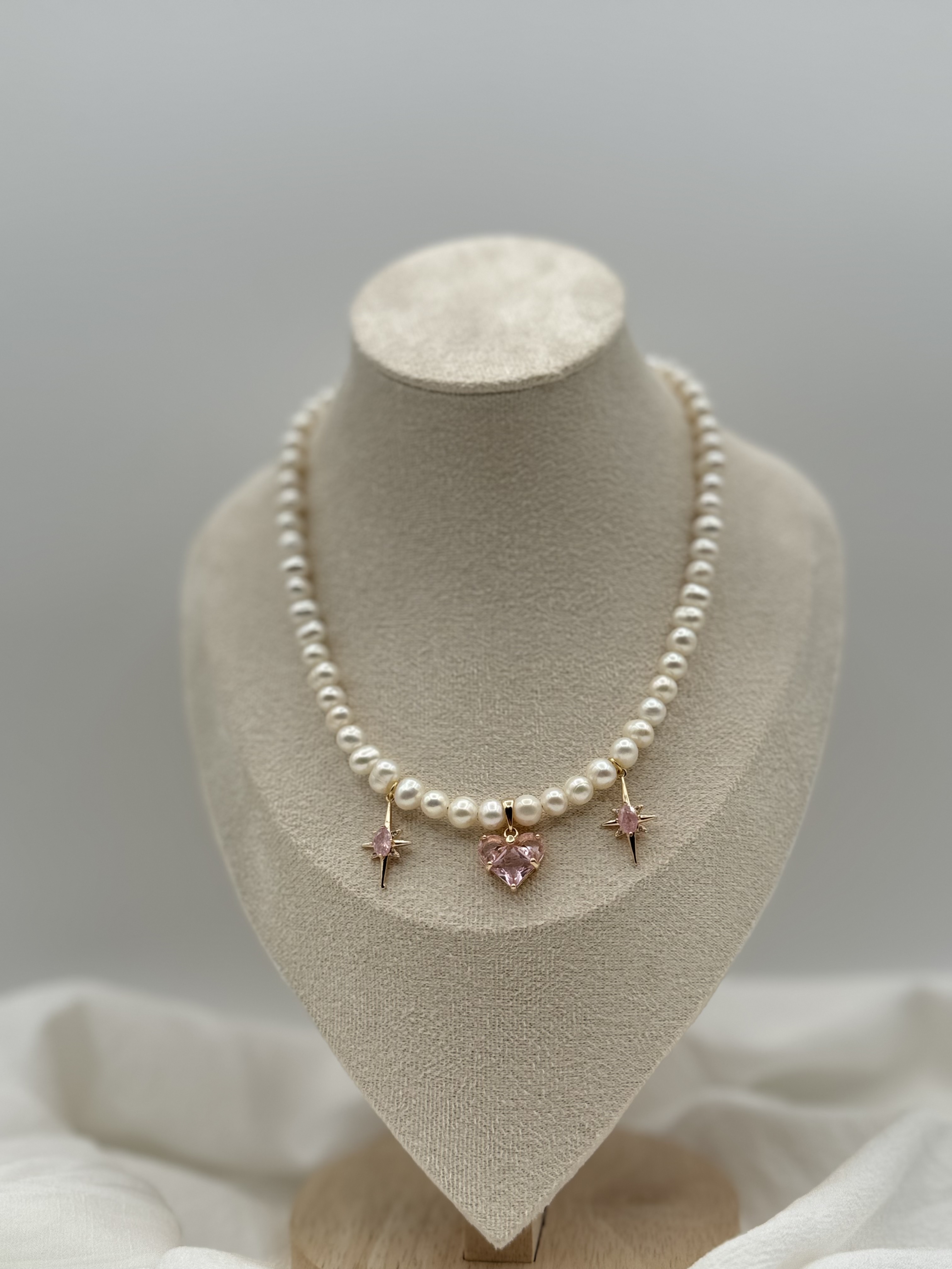 Pearl Necklace with Pink Heart Charm
