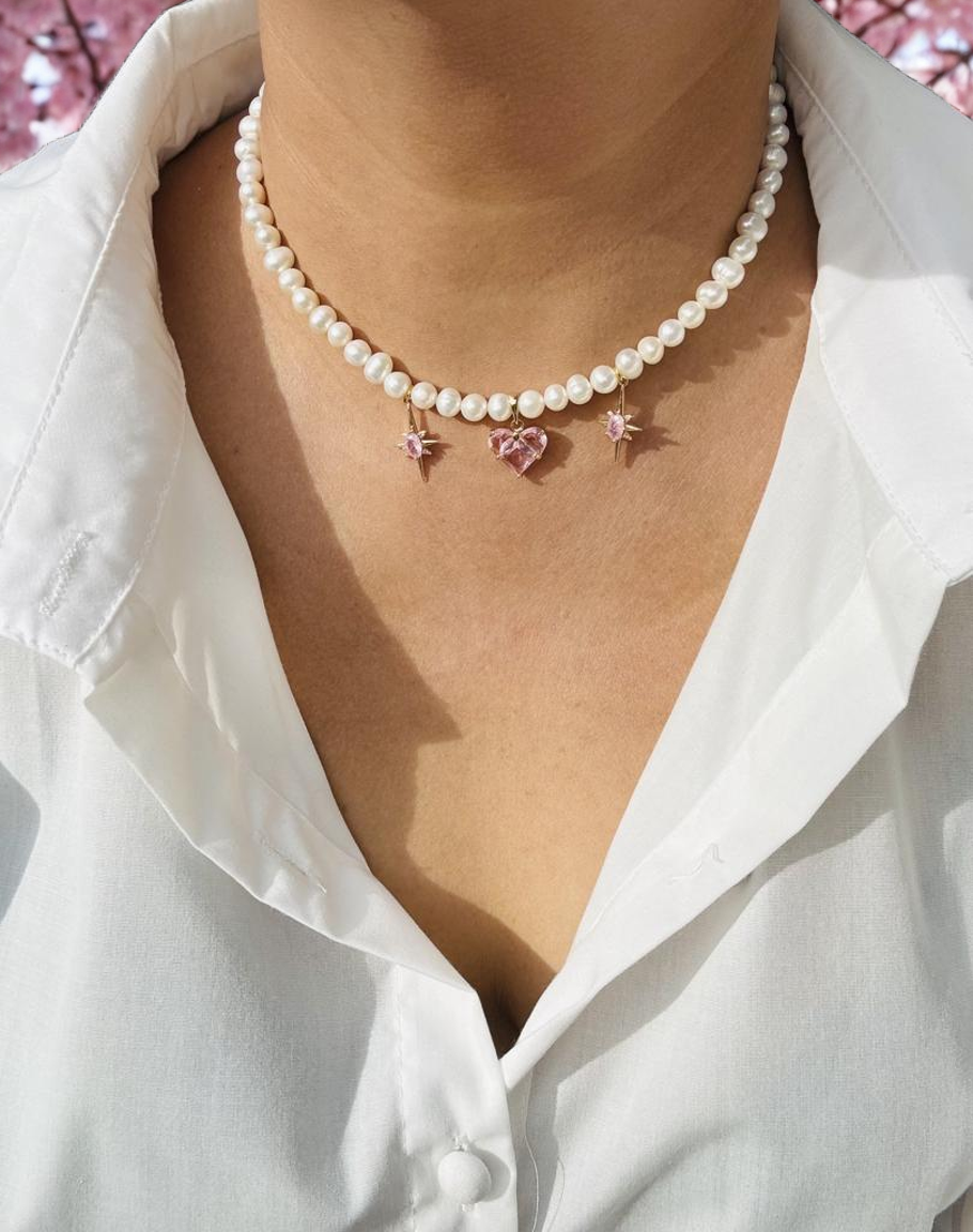 Pearl Necklace with Pink Heart Charm