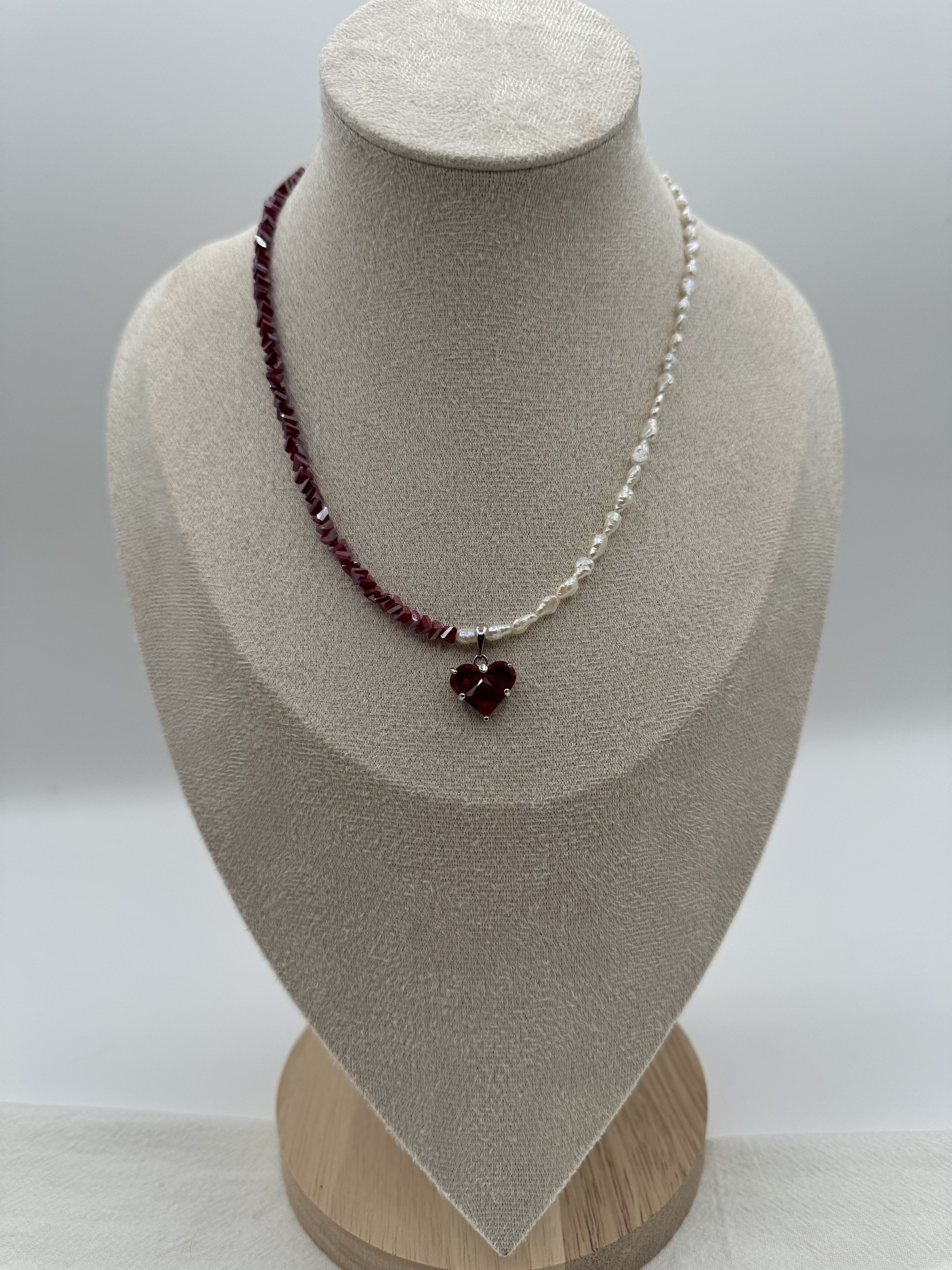 Ruby Glass bead and Pearl Heart Necklace