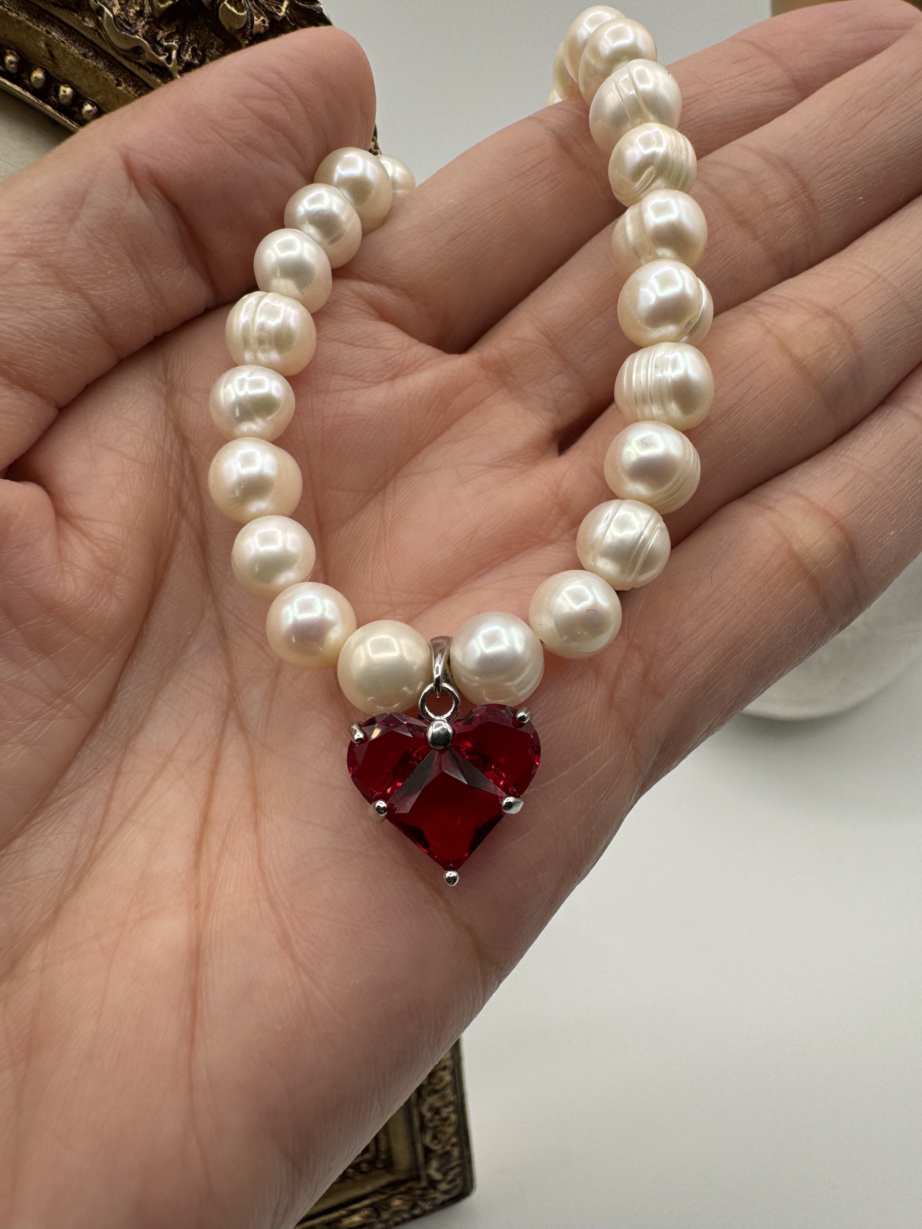 Pearl Necklace with Red Heart Pendant