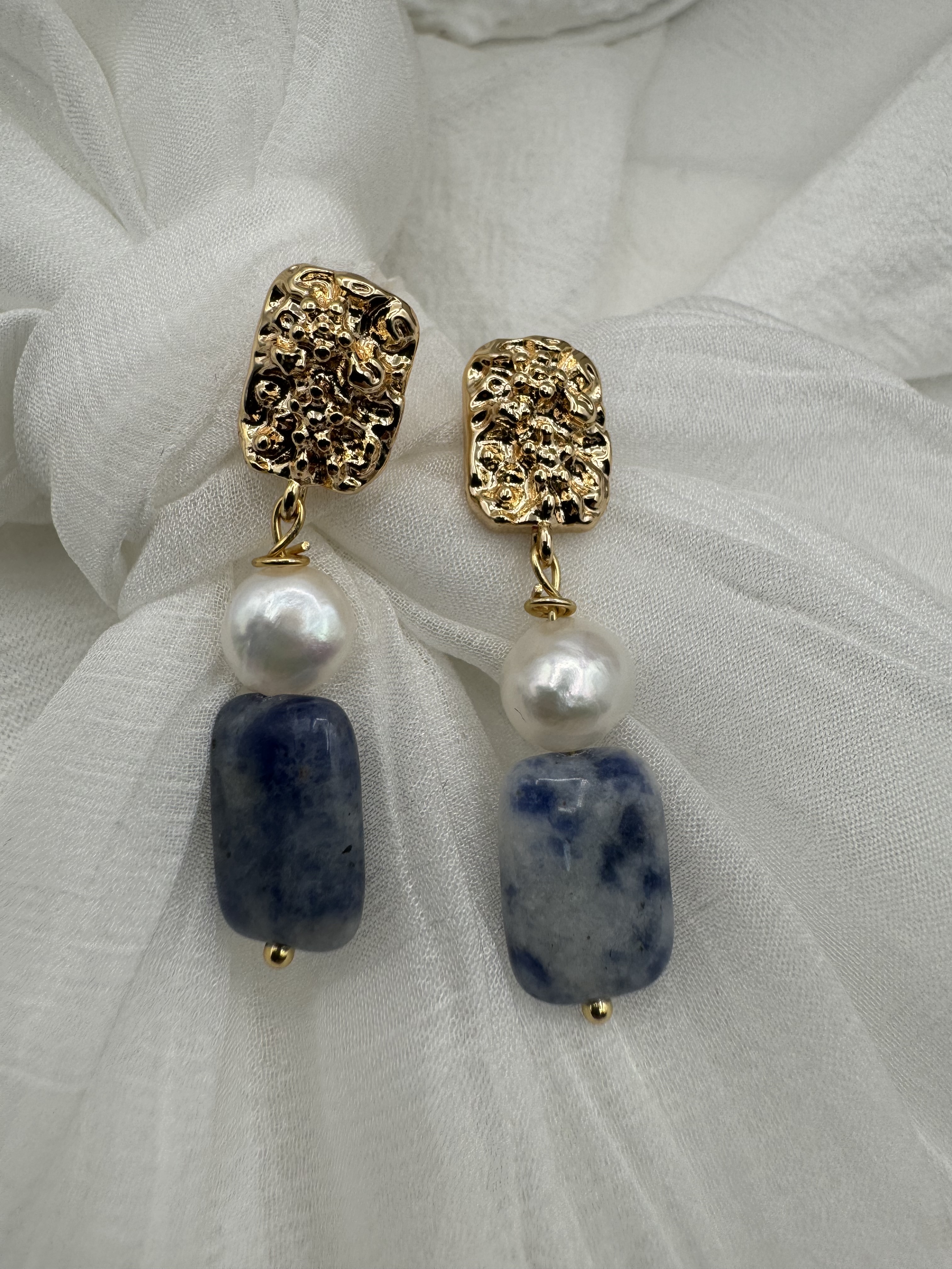 Handcrafted Gold, Pearl, and blue sodalite Earrings