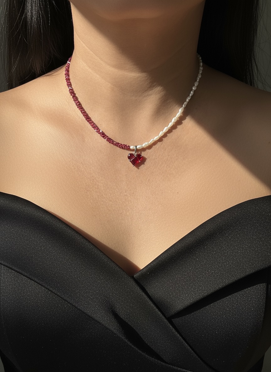 Ruby Glass bead and Pearl Heart Necklace