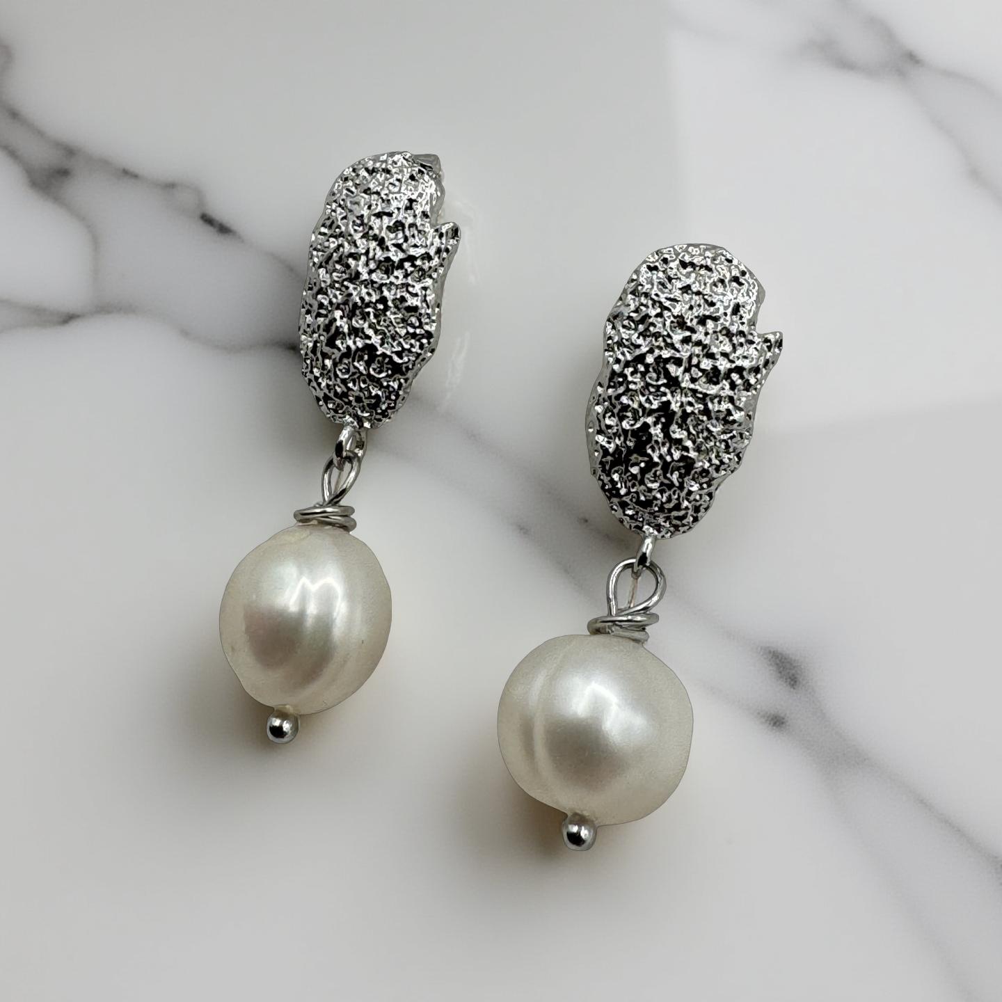 Textured Silver and Pearl Drop Earrings