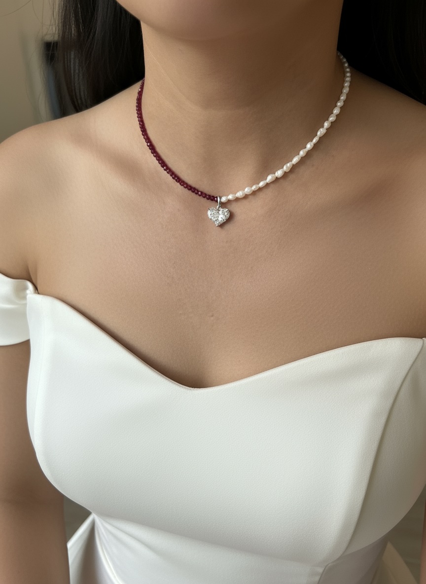 Half Pearl and Red Bead Heart Pendant Necklace