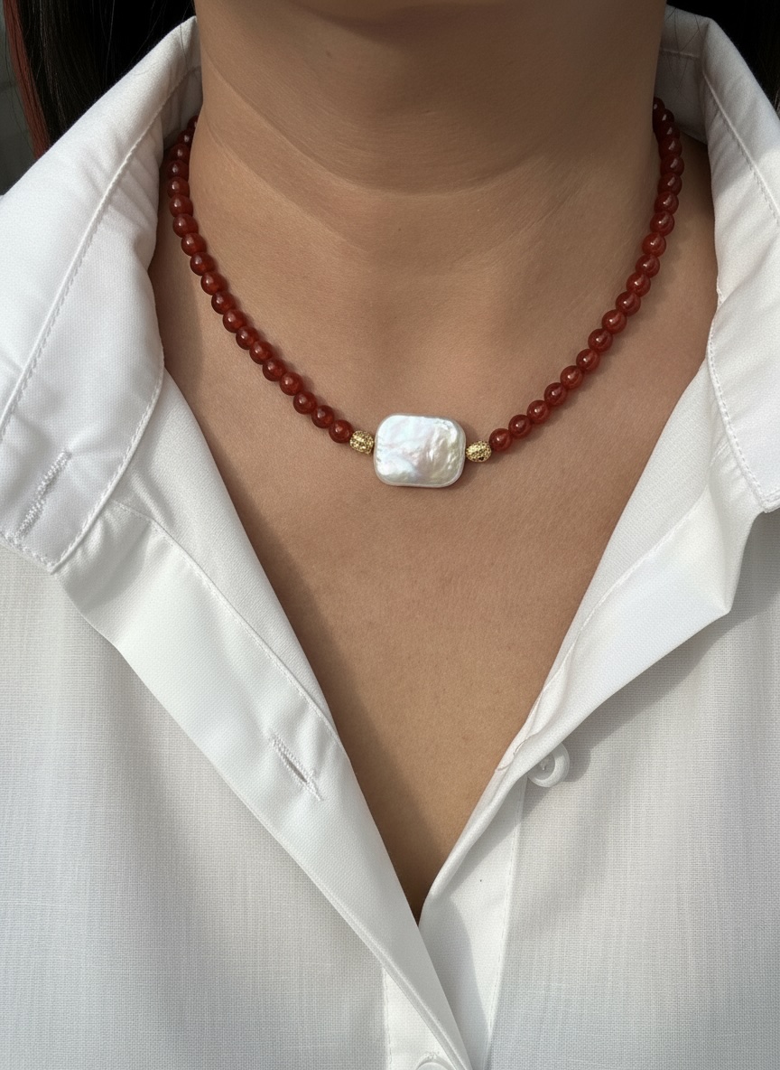Red Agate Beaded Pearl Necklace