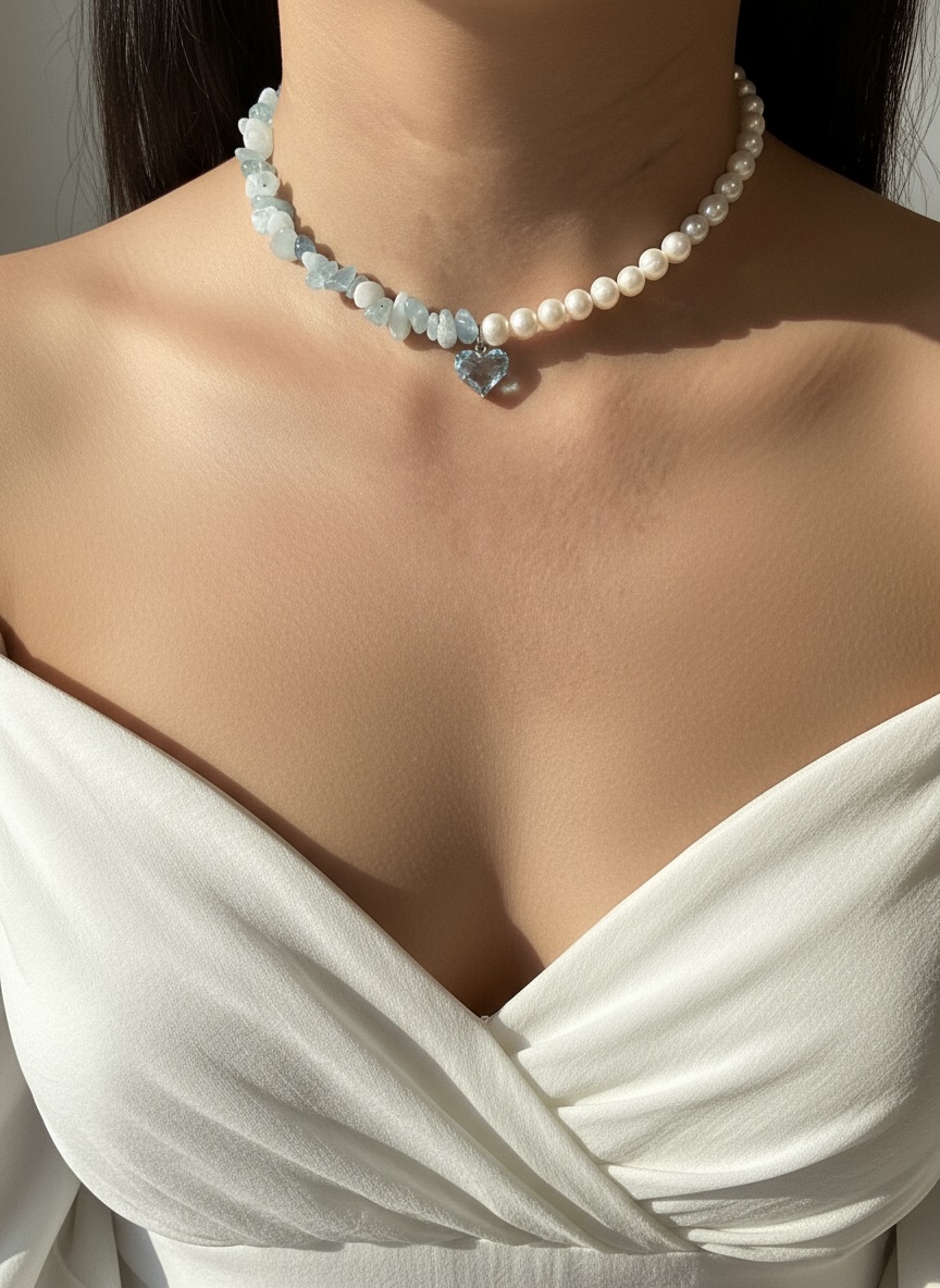 Aquamarine and Freshwater Pearl with Heart Necklace