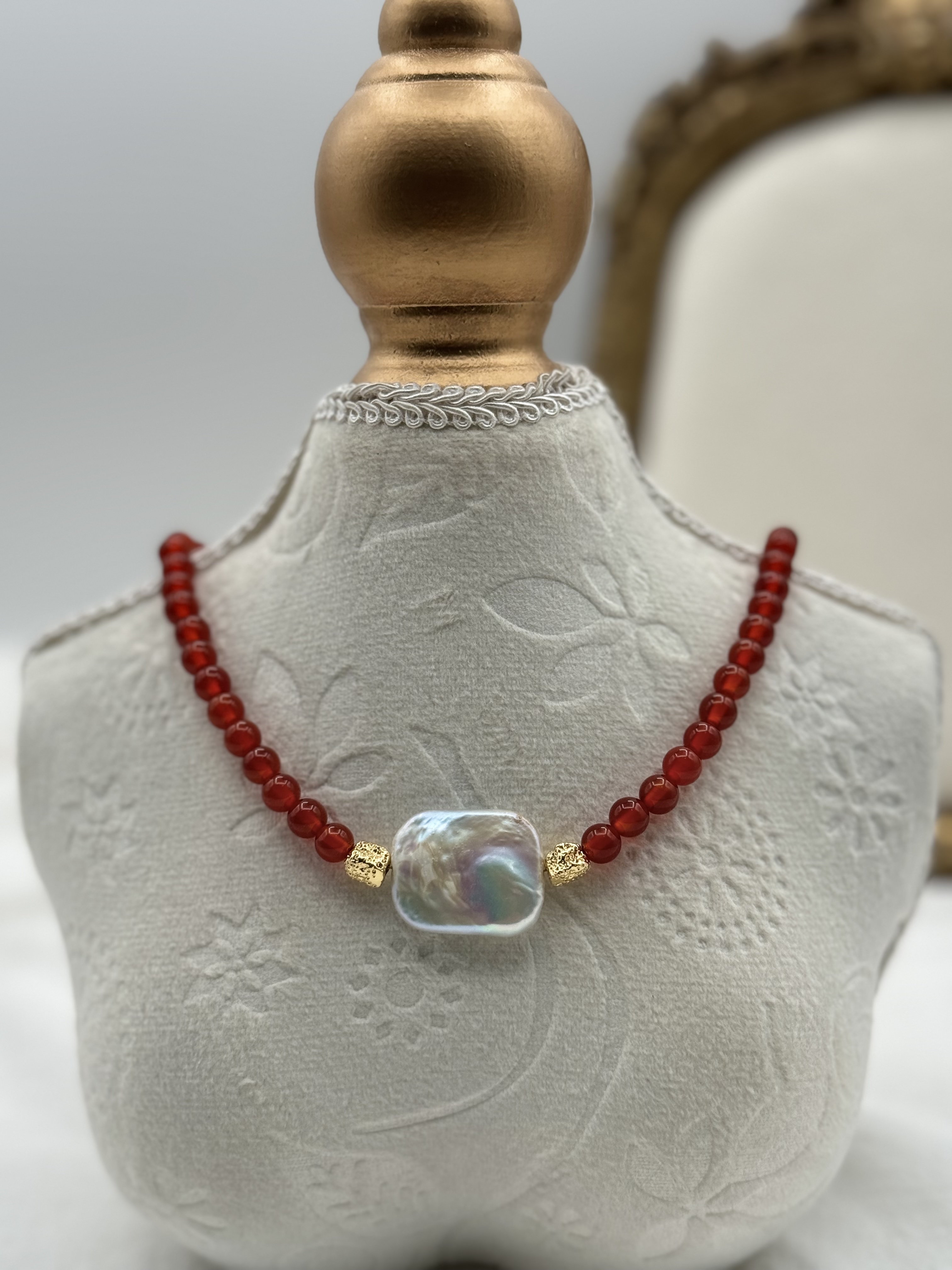 Red Agate Beaded Pearl Necklace