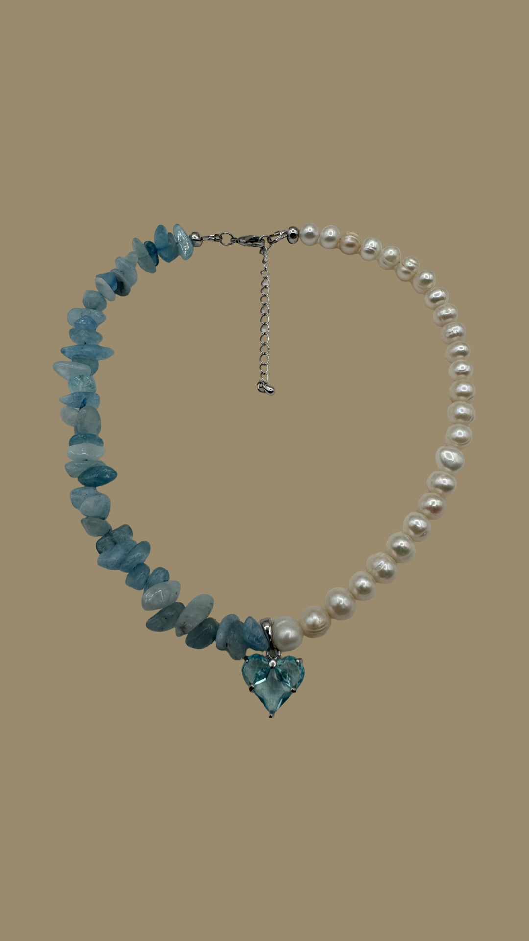 Aquamarine and Freshwater Pearl with Heart Necklace