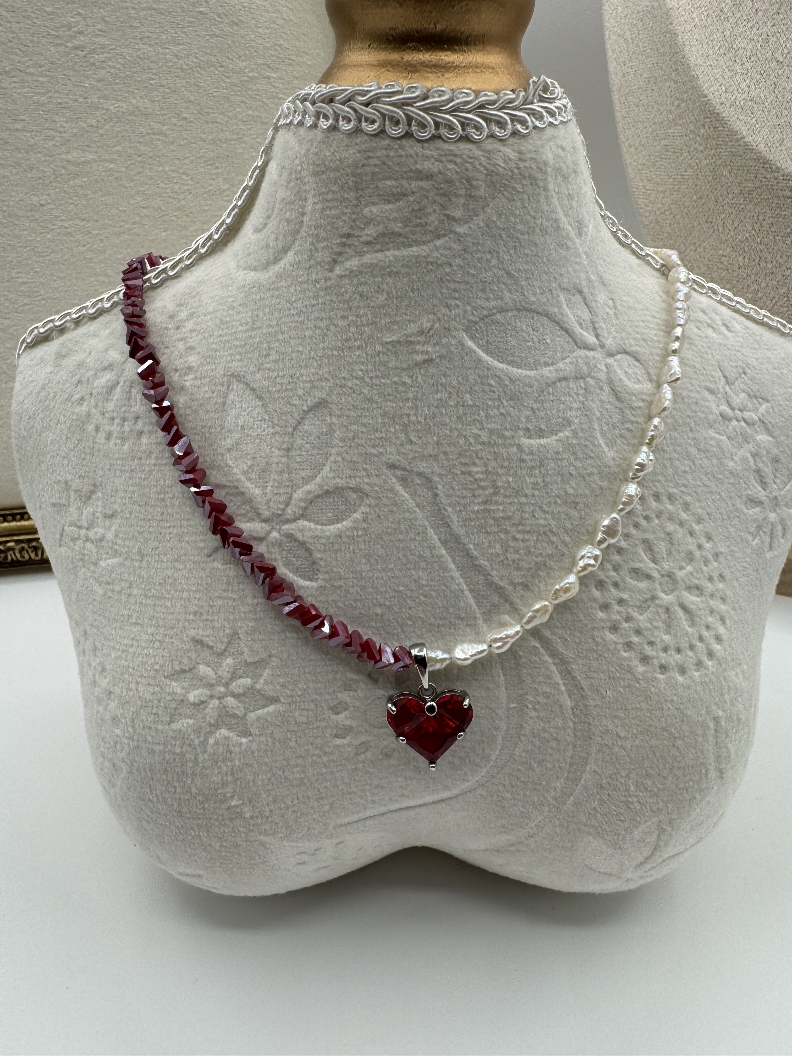 Ruby Glass bead and Pearl Heart Necklace