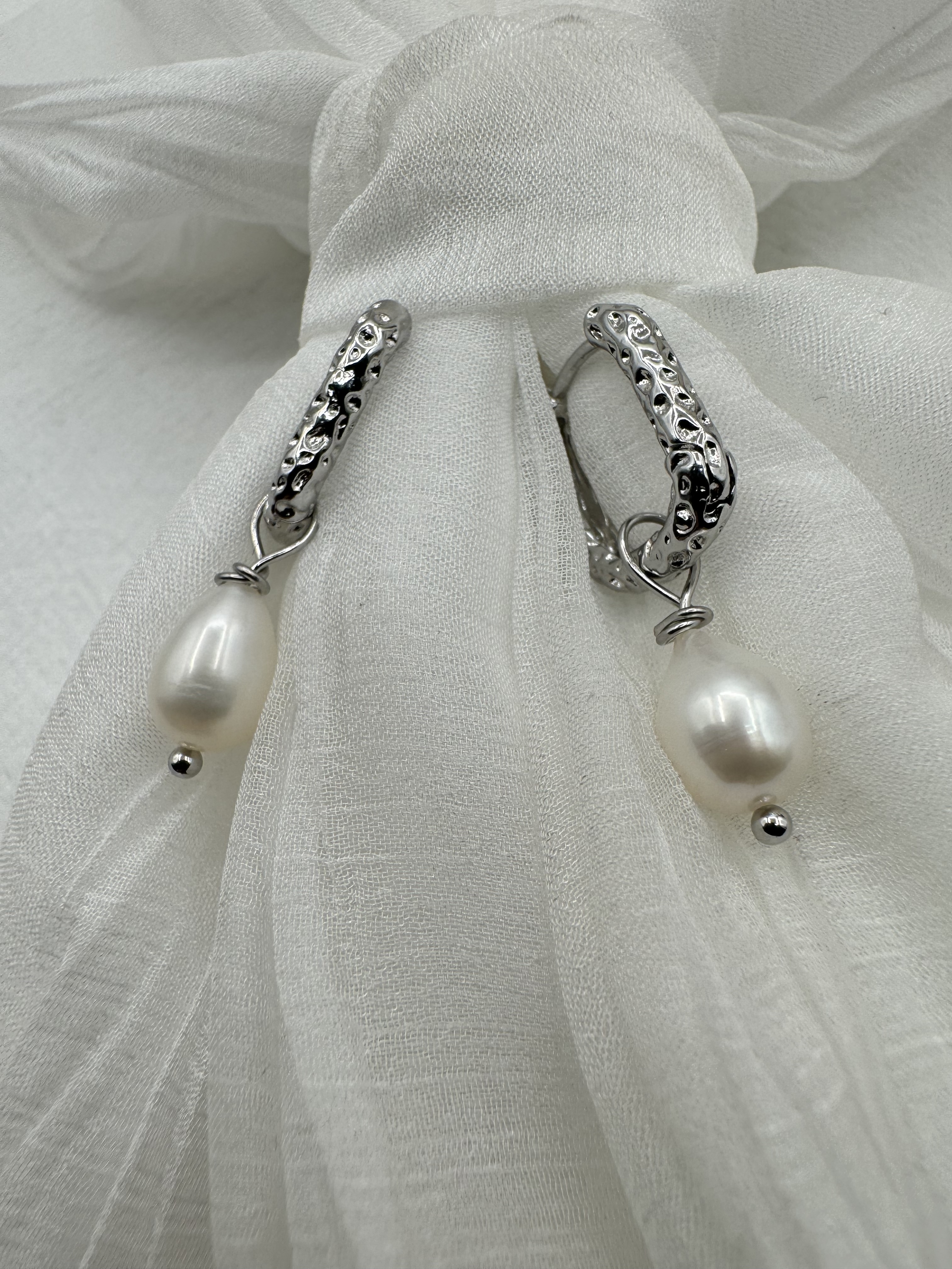 Silver Textured Pearl Drop Earrings