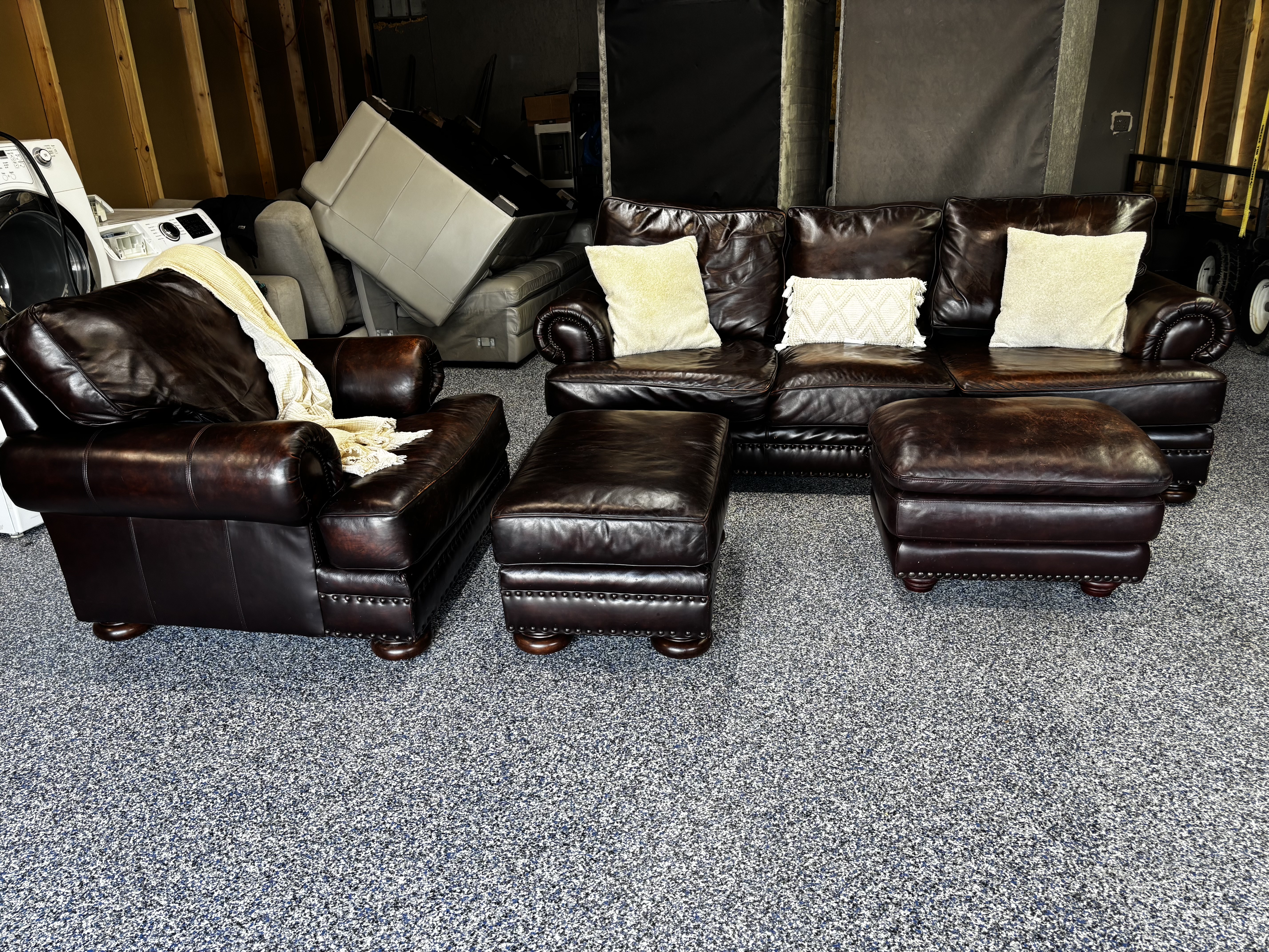 Rich Brown Leather Sofa + Chair Set with Ottomans