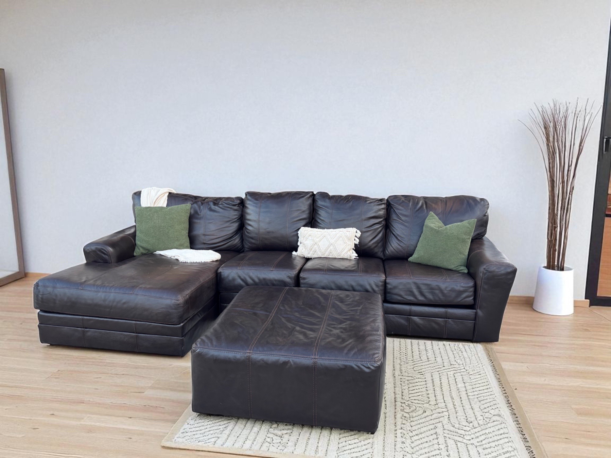 Dark Brown Leather Sectional + Ottoman 