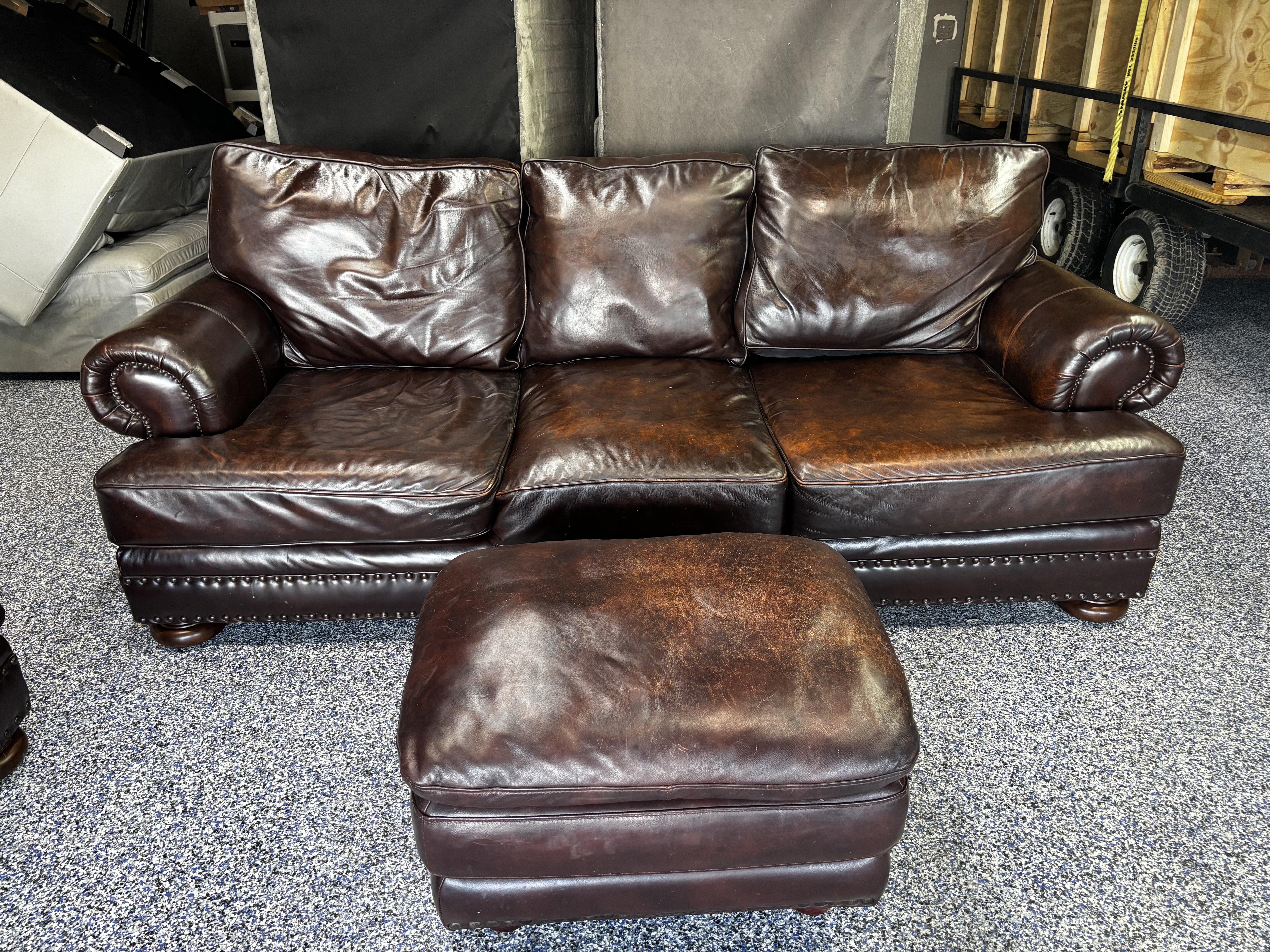 Rich Brown Leather Sofa + Chair Set with Ottomans