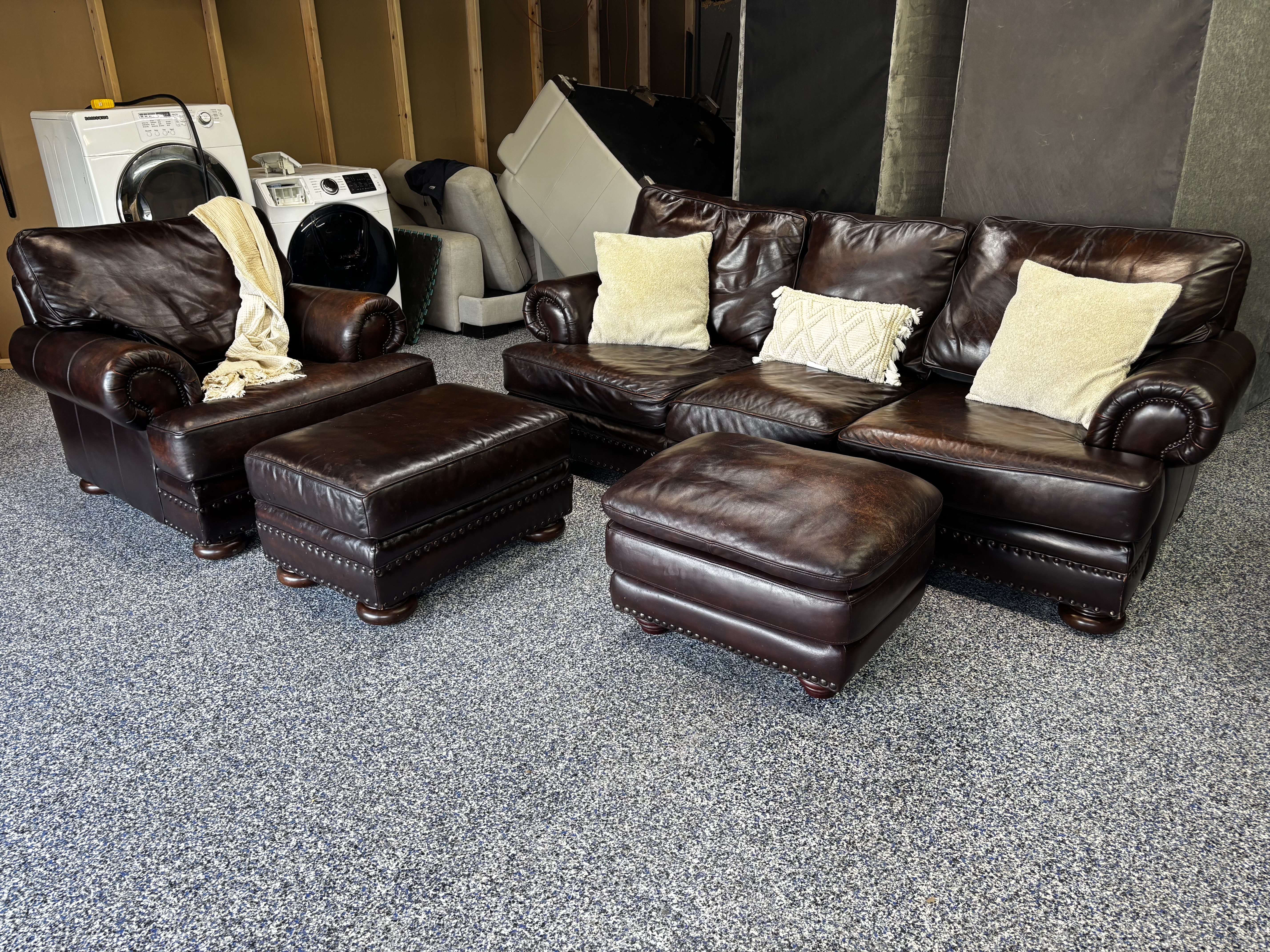 Rich Brown Leather Sofa + Chair Set with Ottomans