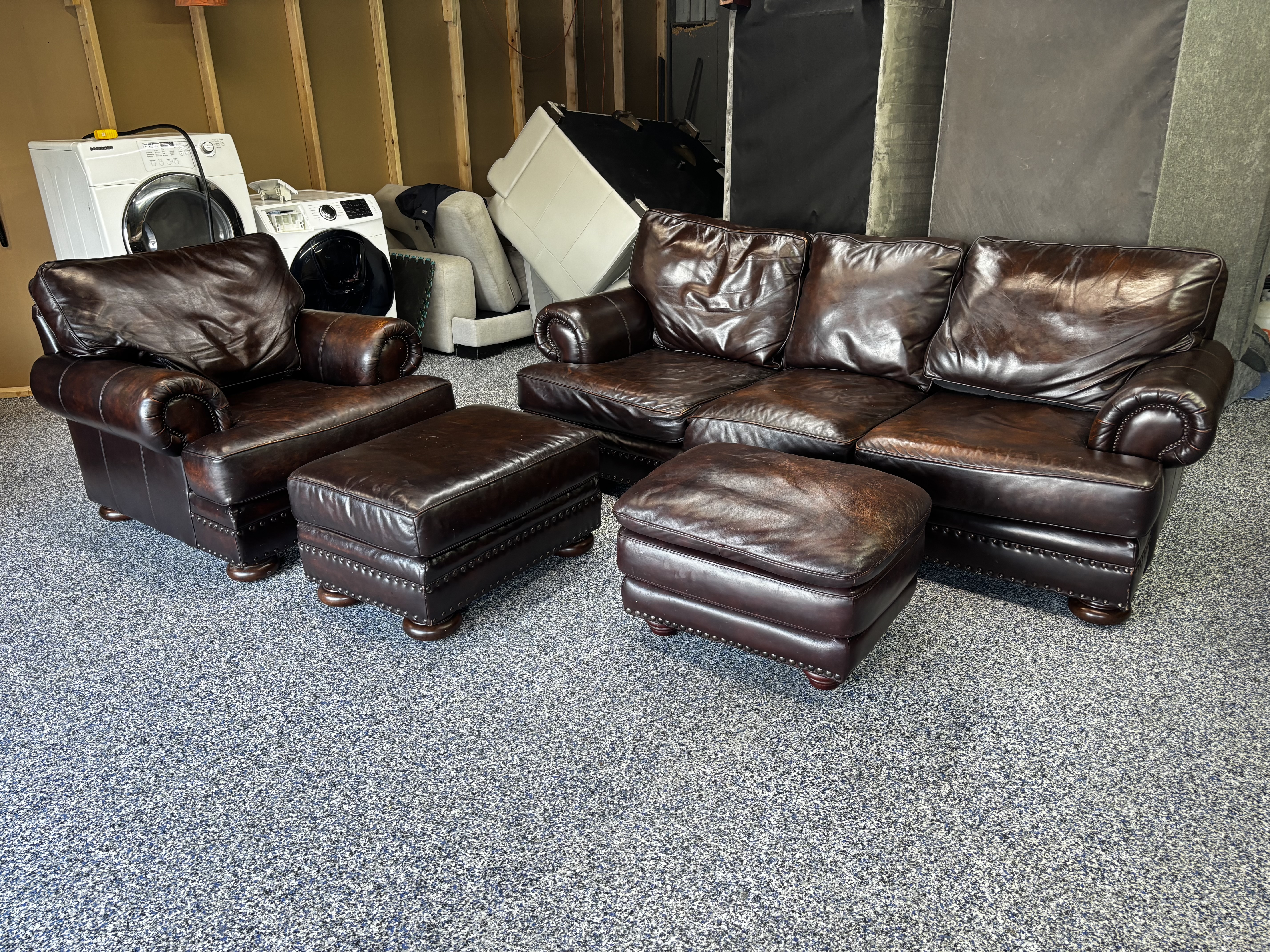 Rich Brown Leather Sofa + Chair Set with Ottomans
