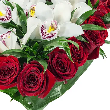 Exquisite Heart of Orchids and Red Roses