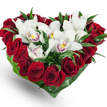 Exquisite Heart of Orchids and Red Roses