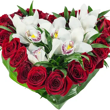 Exquisite Heart of Orchids and Red Roses