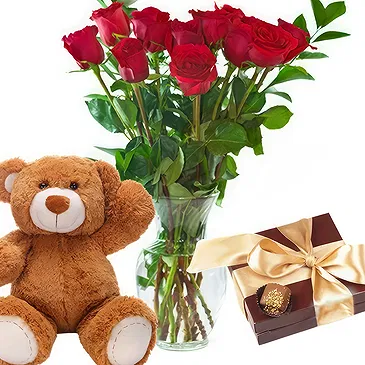 Romantic Red Roses with Teddy Bear & Chocolates