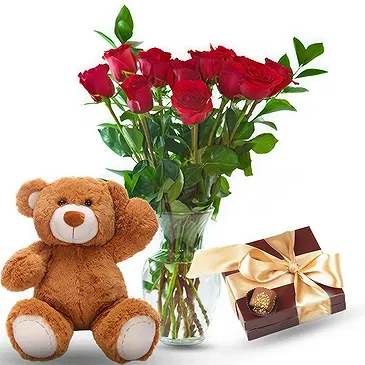 Romantic Red Roses with Teddy Bear & Chocolates