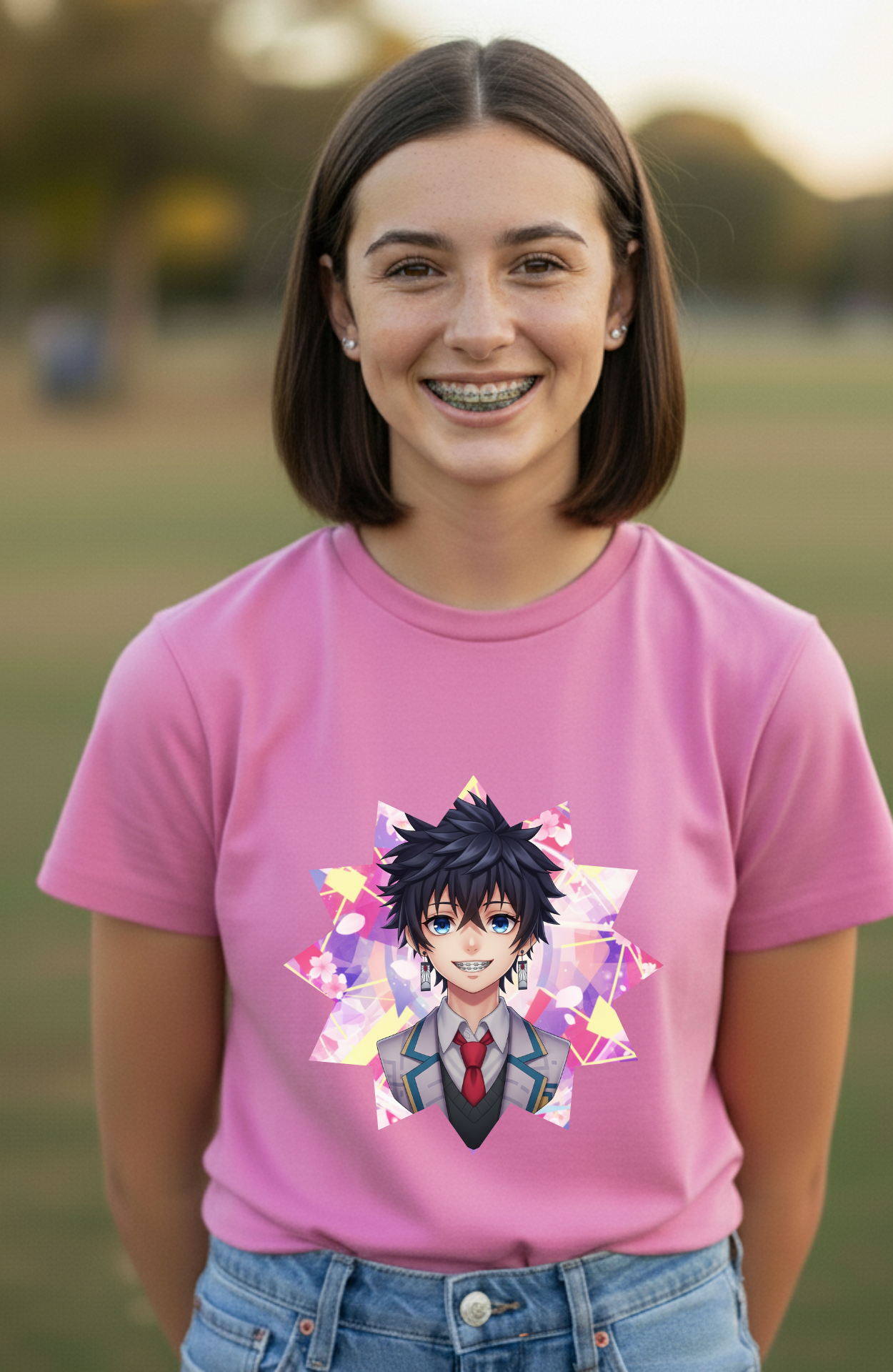 Anime Character with Braces Graphic Pink T-Shirt
