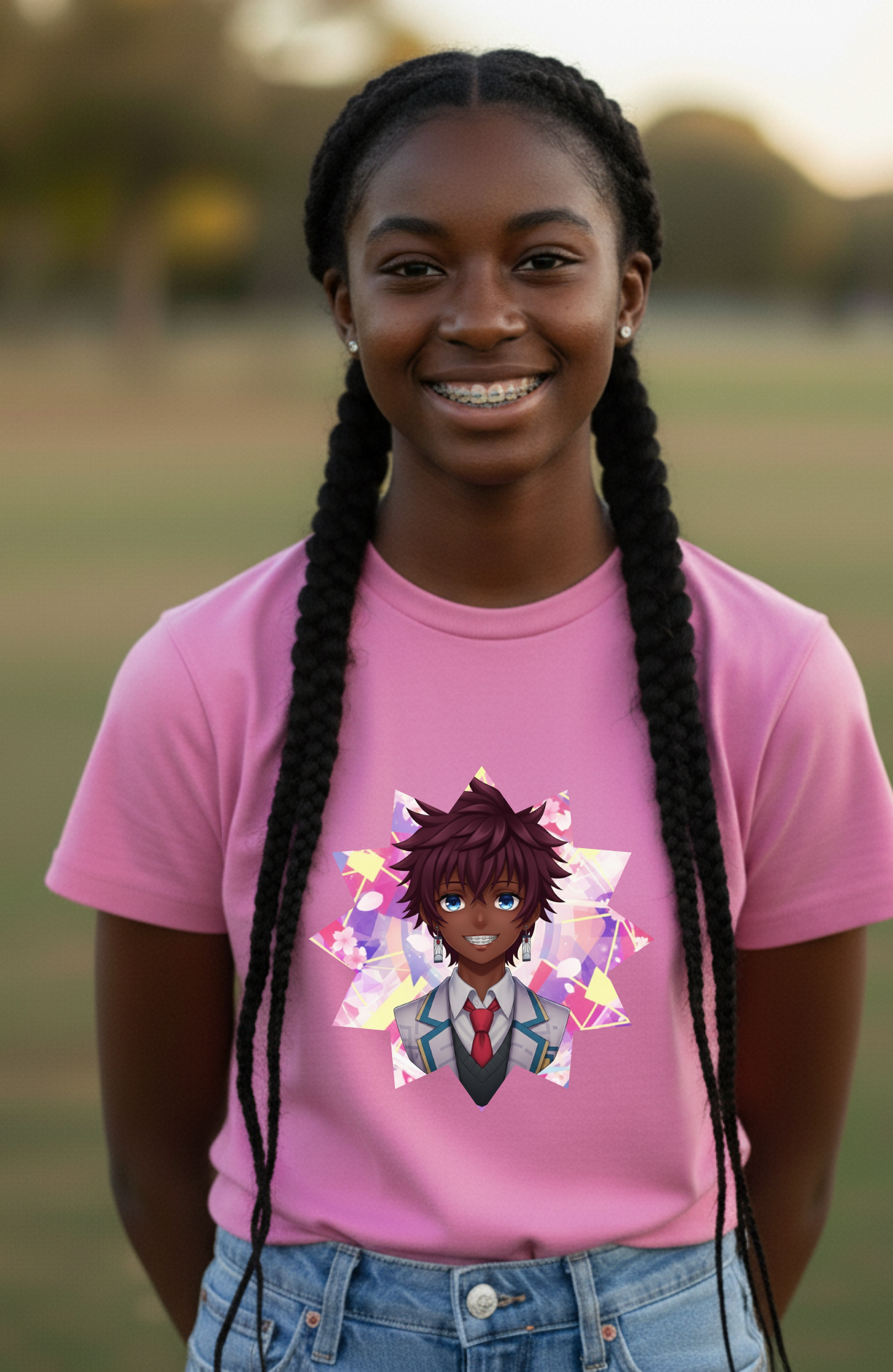 Anime Character with Braces Graphic Pink T-Shirt