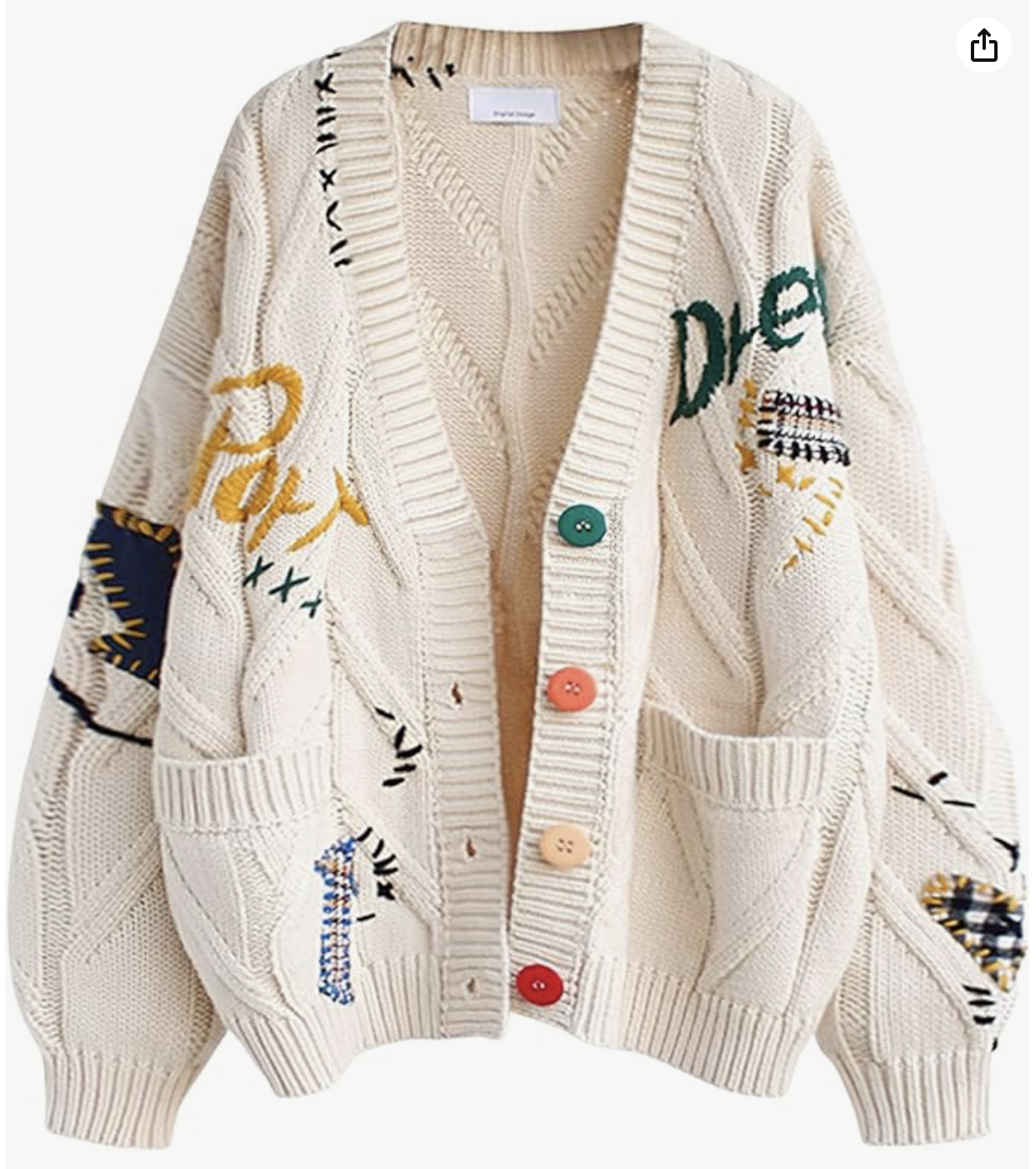 Women's Cable Knit Long Sleeve Open Front Cardigan Sheep V-Neck Button Down Embroidery Wool Blend Sweater Coat Outwear