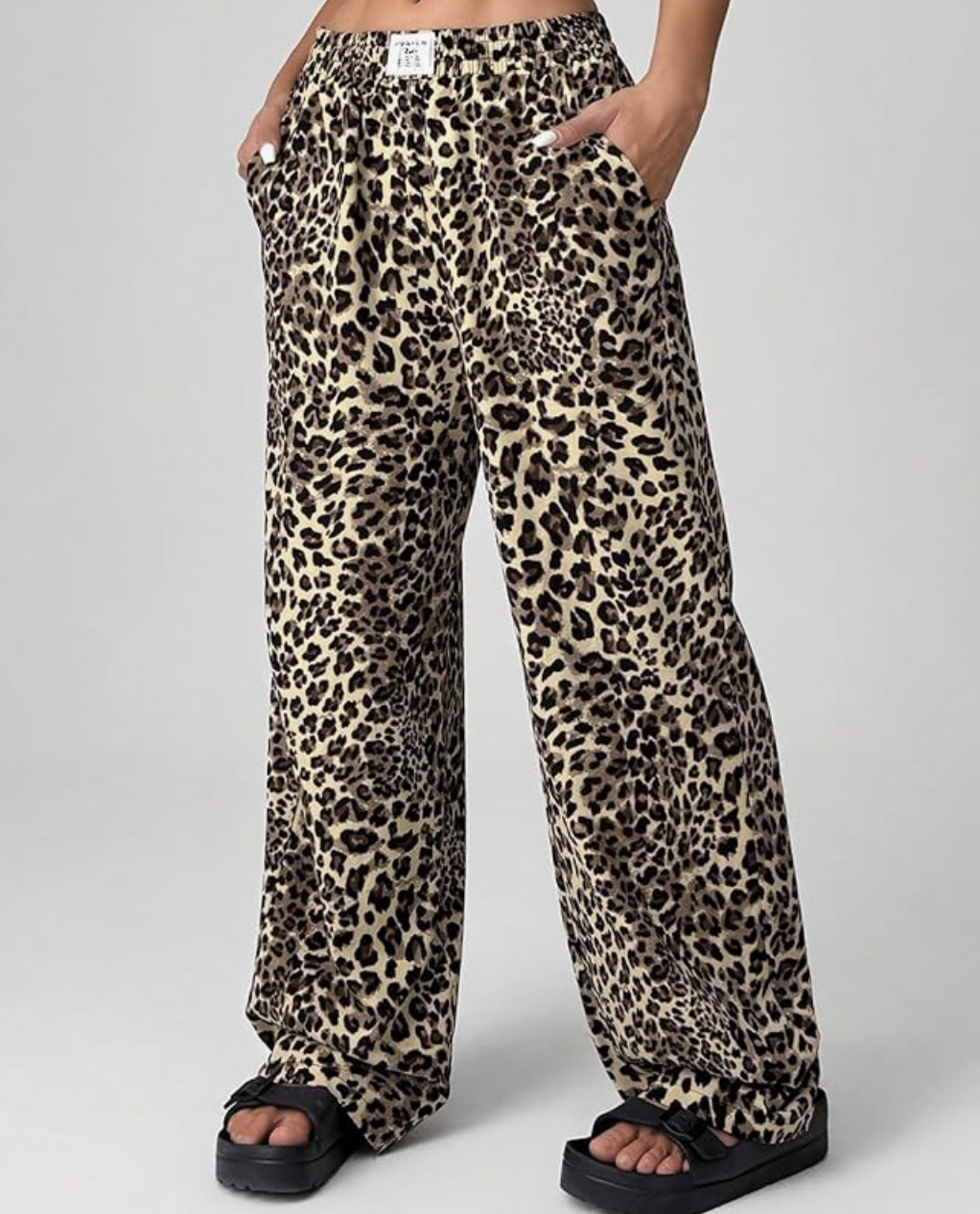 Women's Letter Leopard Print Straight Leg Pants Elastic Waist Y2K Trousers Bottoms with Pockets